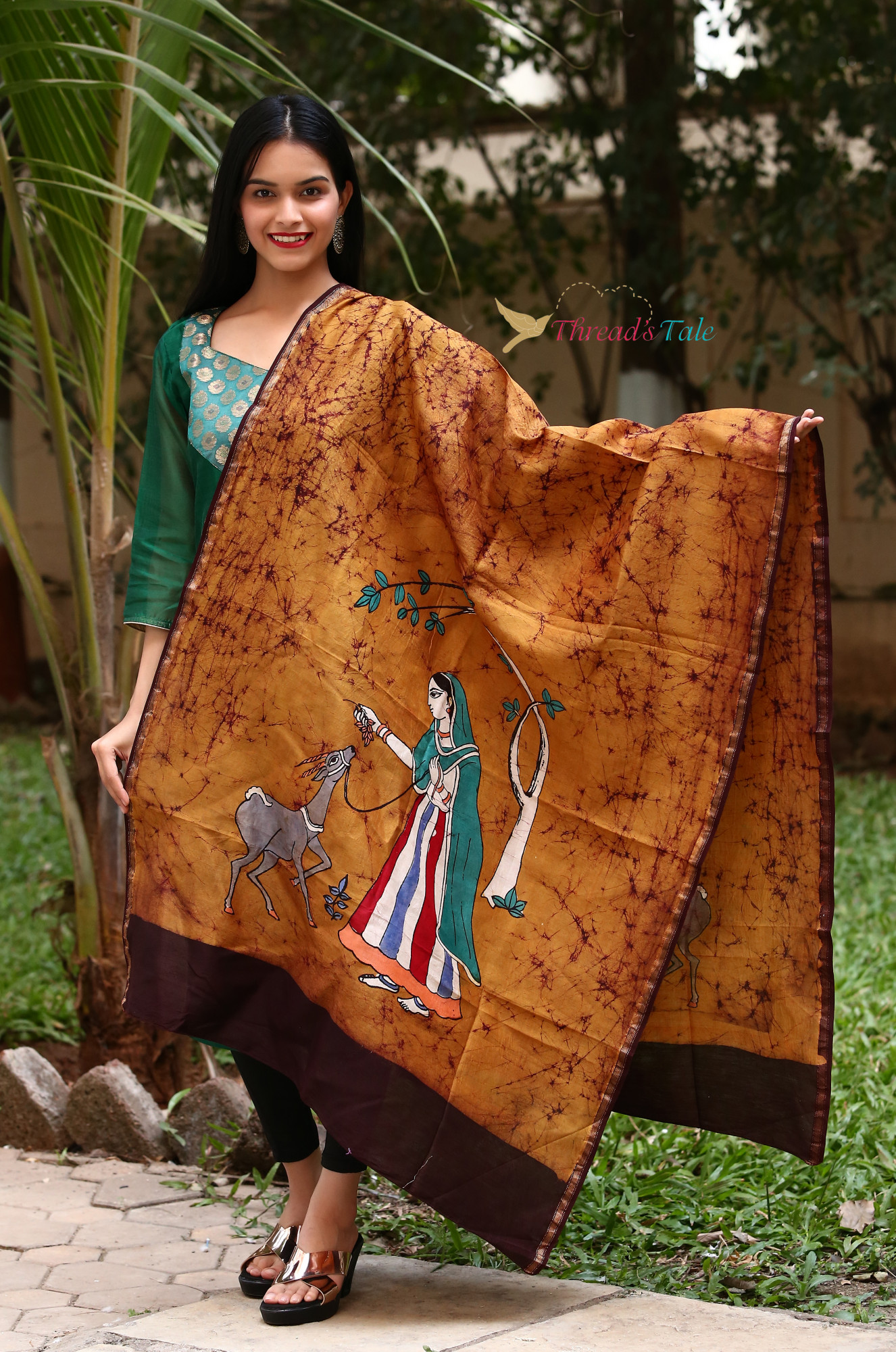 Rust Brown Hand Batik painted Maheshwari Silk Dupatta