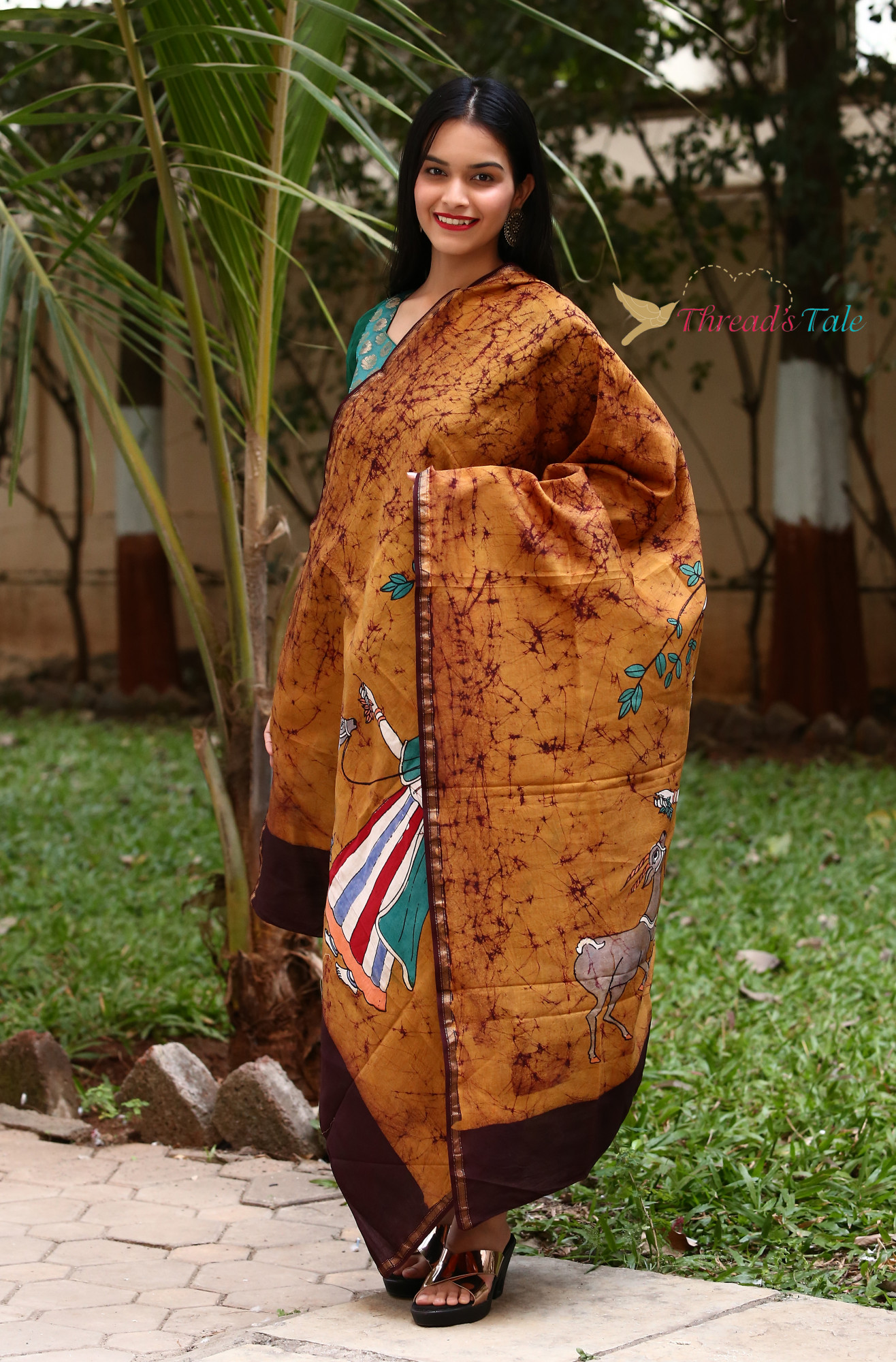Rust Brown Hand Batik painted Maheshwari  Silk Dupatta
