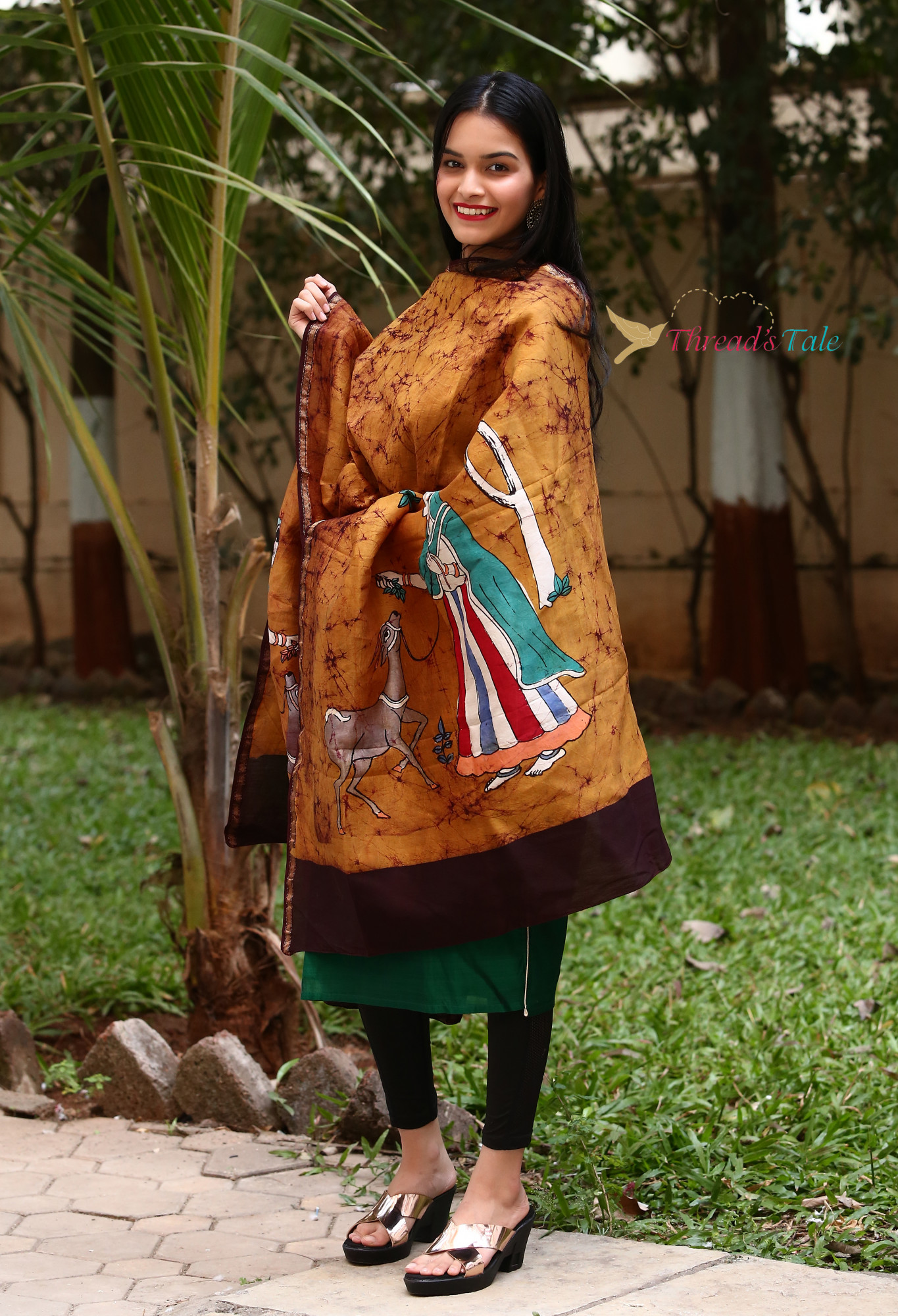 Rust Brown Hand Batik painted Maheshwari Silk Dupatta