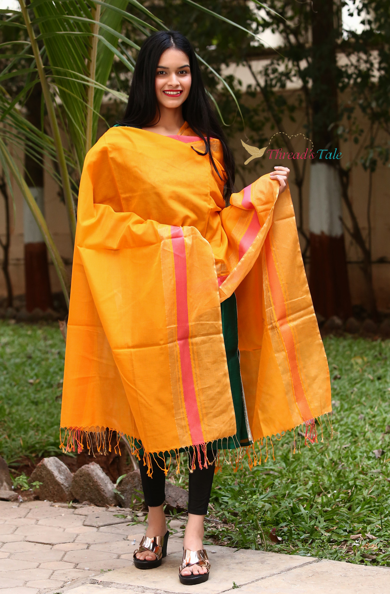 Tangerine Orange Handwoven Maheshwari Silk Dupatta With contrast Golden border