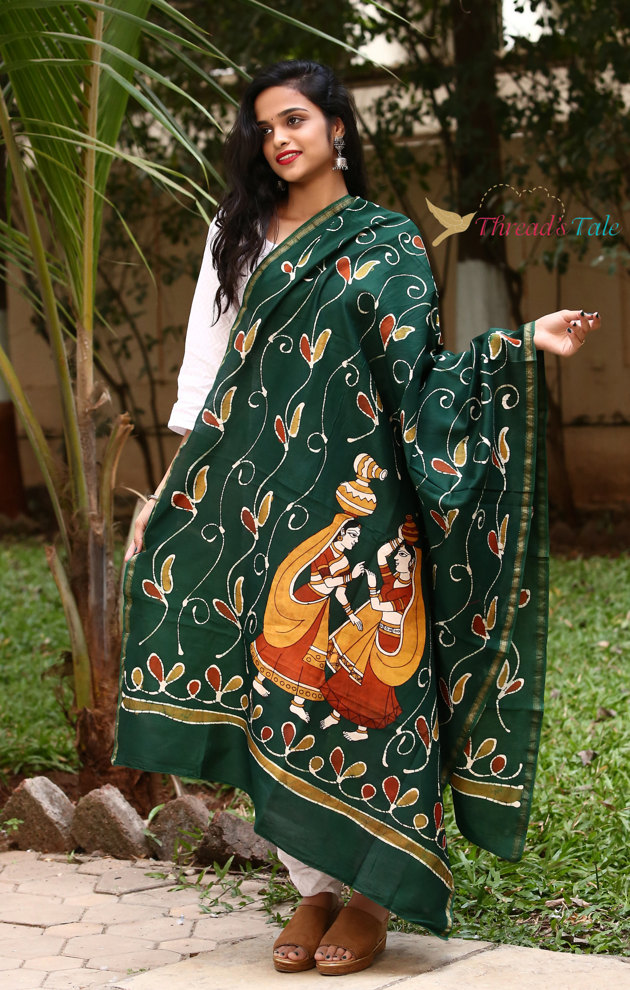 Green Handwoven Batik Hand Painted Maheshwari Silk Dupatta