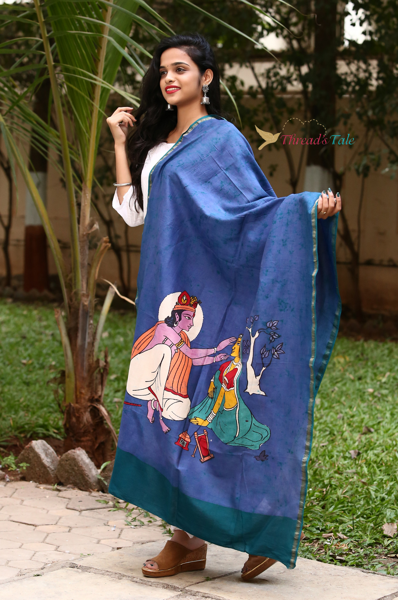 Blue Batik Hand Painted Handwoven Maheshwari silk Dupatta