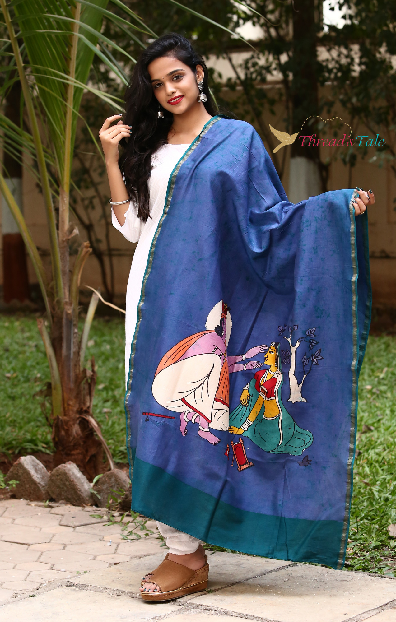 Blue Batik Hand Painted Handwoven Maheshwari silk Dupatta