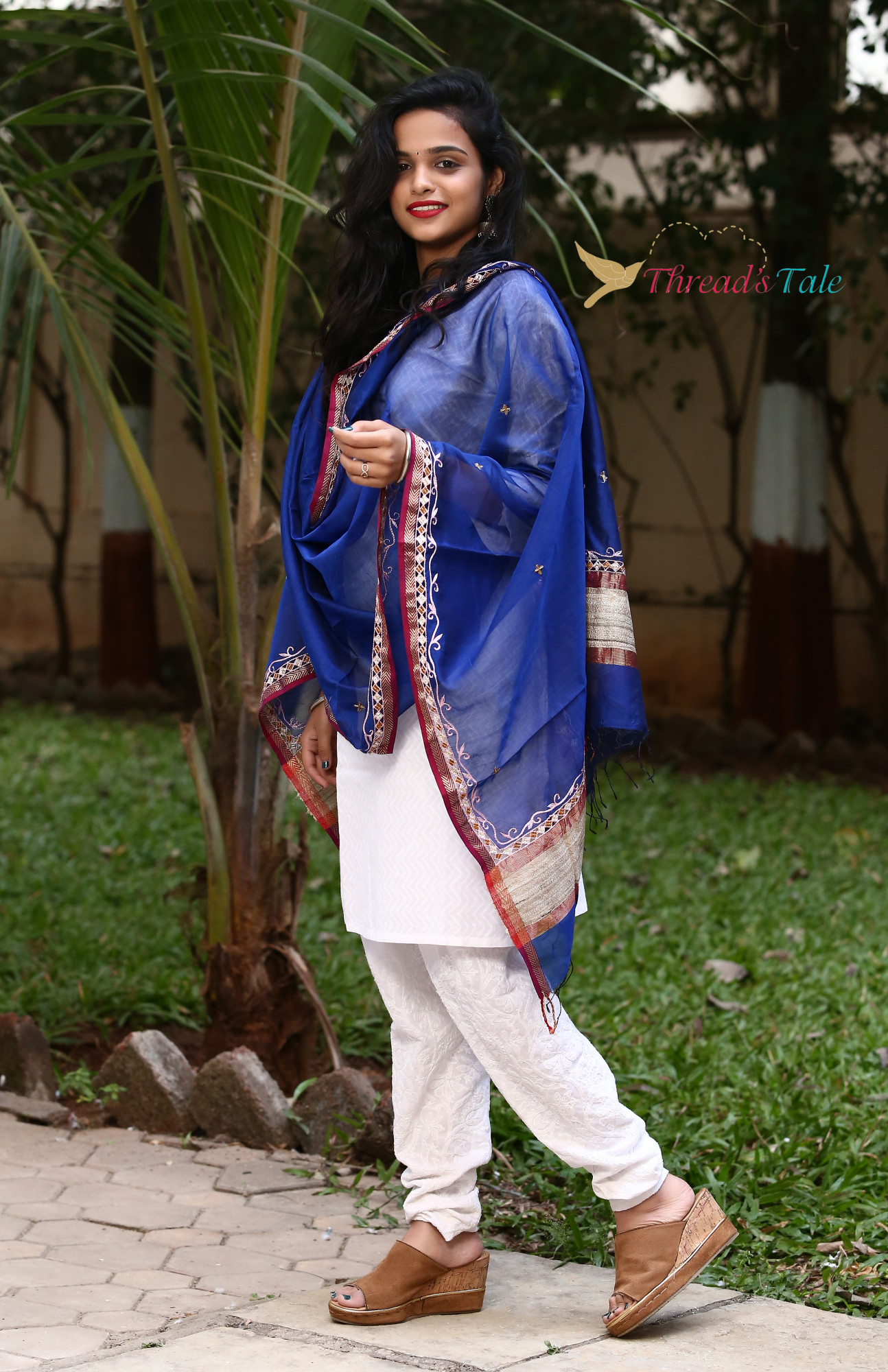 Blue Hand-embroidered Handwoven Maheshwari Silk Dupatta