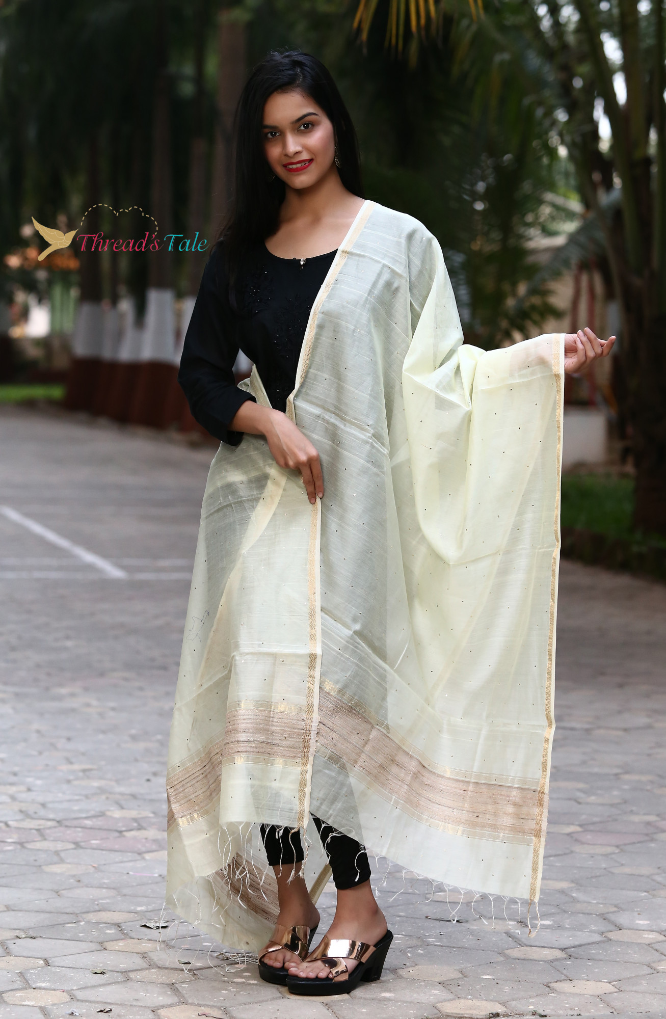 Cream Hand Embroidered Mukaish Handwoven Maheshwari Silk Dupatta