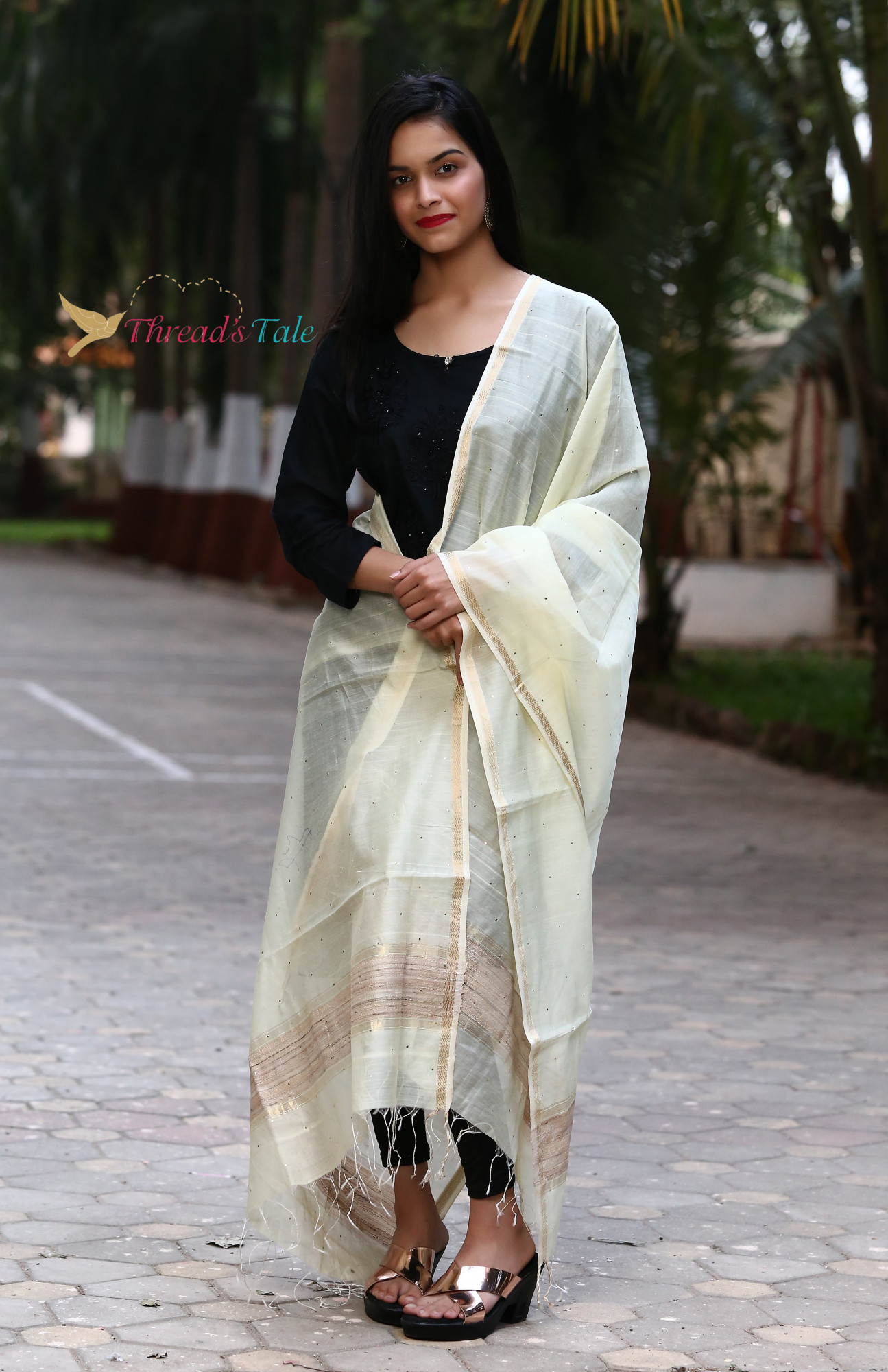Cream Hand Embroidered Mukaish Handwoven Maheshwari Silk Dupatta