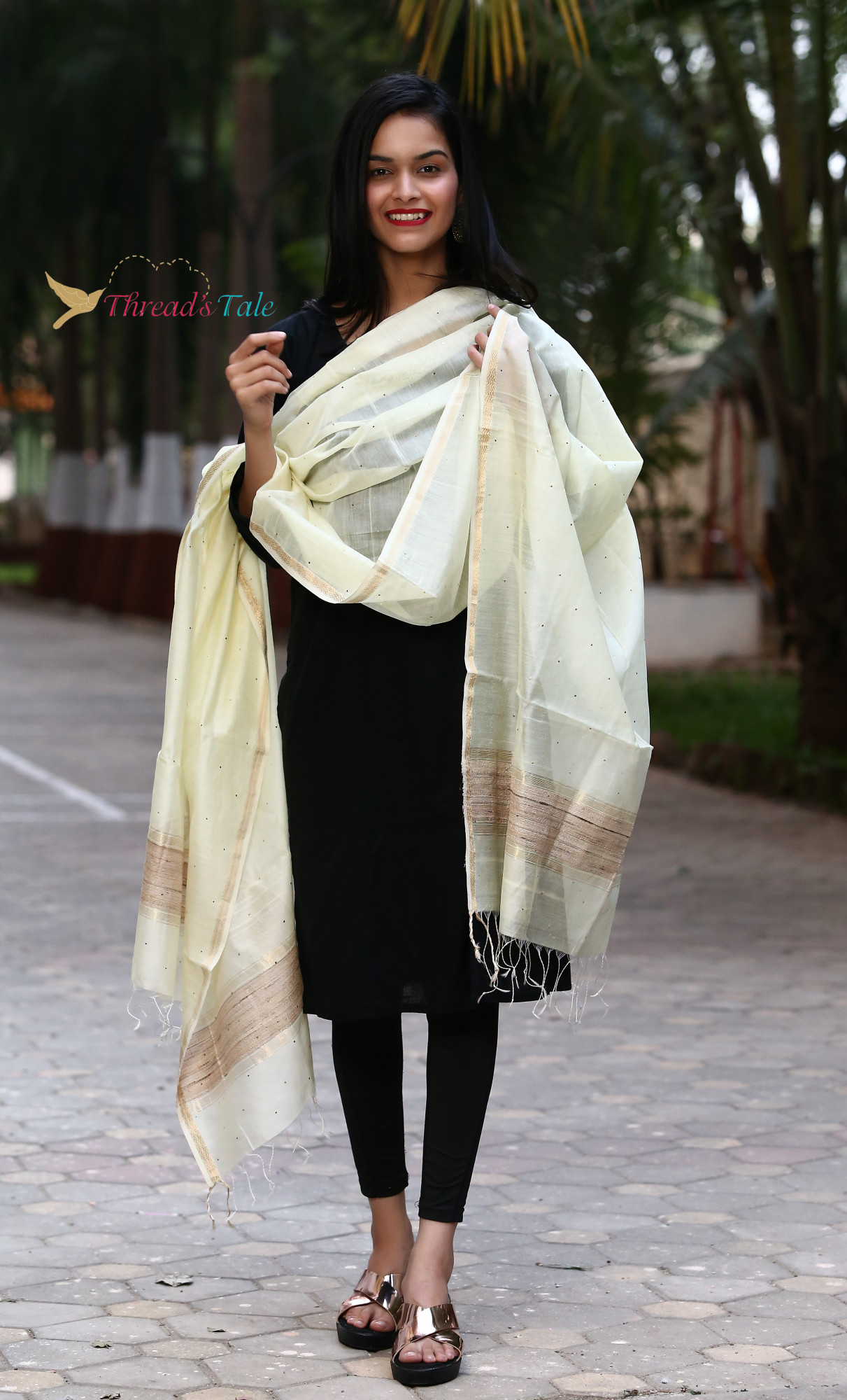 Cream Hand Embroidered Mukaish Handwoven Maheshwari Silk Dupatta