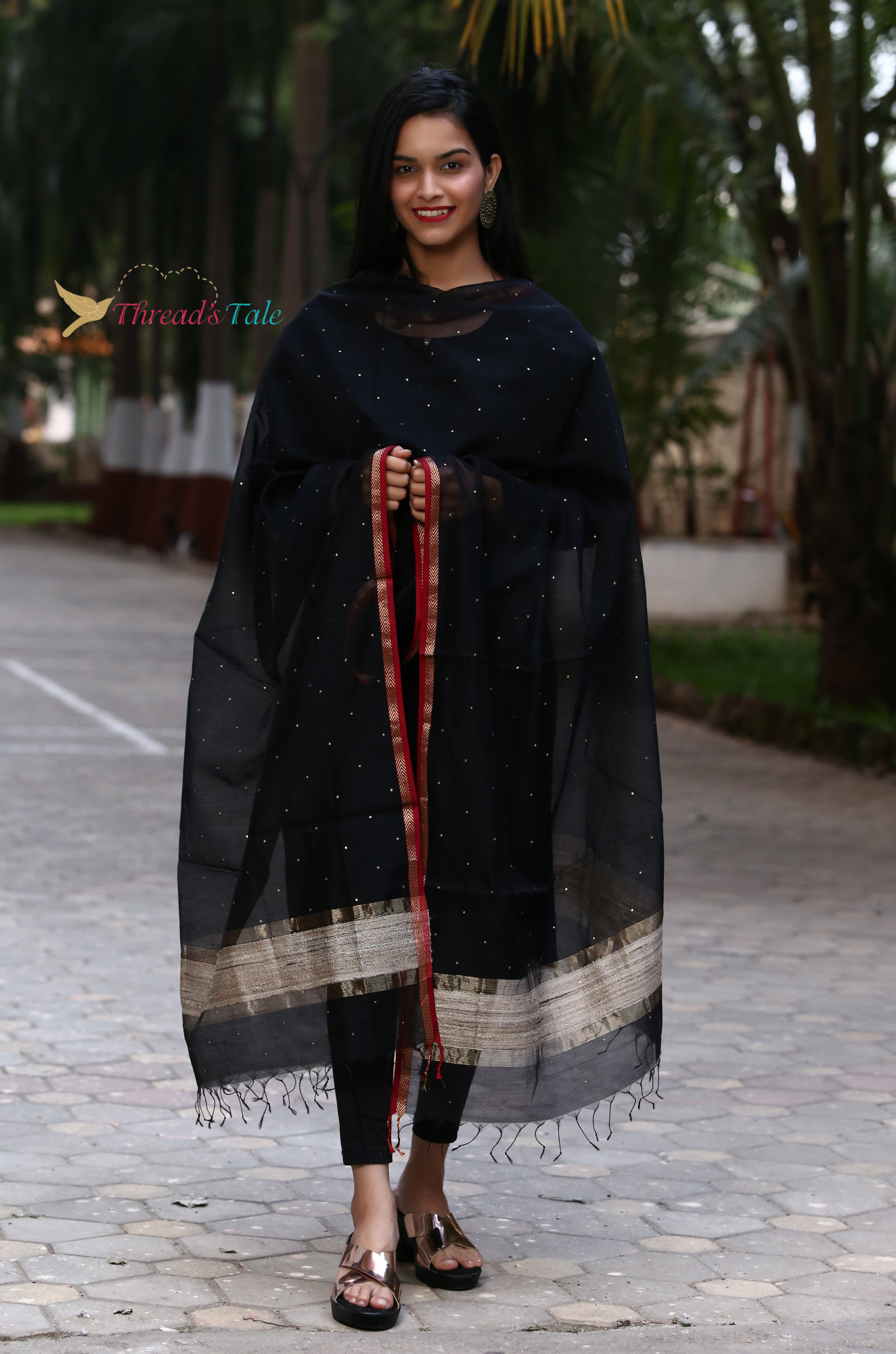 Black Hand Embroidered Mukaish Handwoven Maheshwari Silk Dupatta