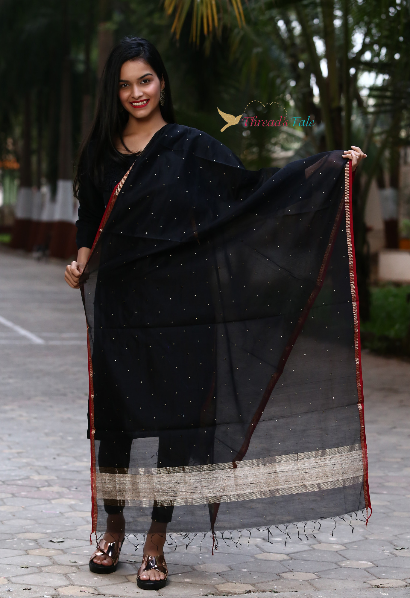 Black Hand Embroidered Mukaish Handwoven Maheshwari Silk Dupatta