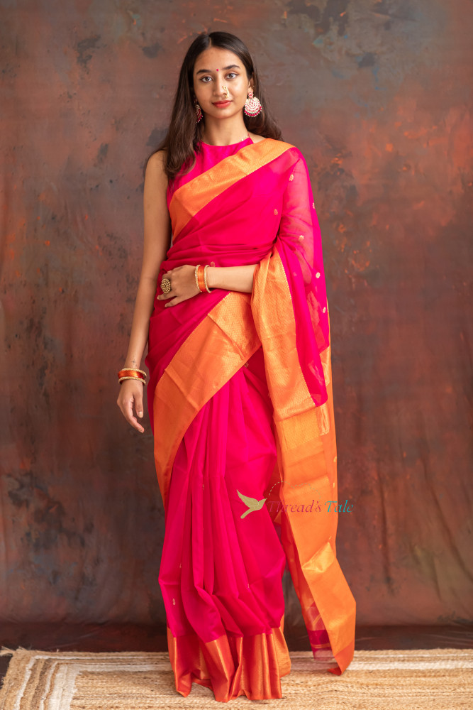 Image of Festive Pink Handwoven Saree With Contras Golden Border And Golden Buttis