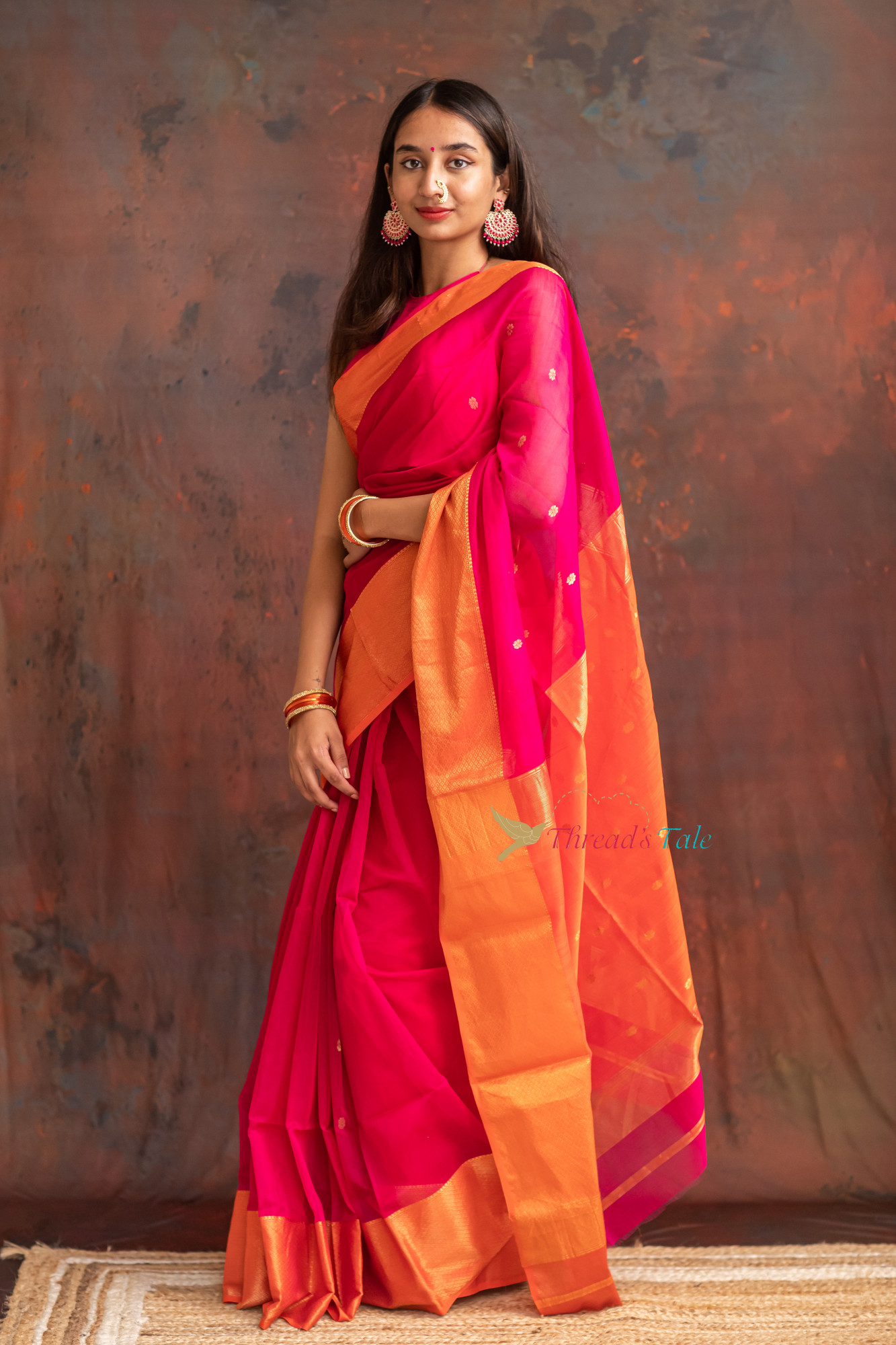 Festive Pink Handwoven Saree With Contras Golden Border And Golden Buttis