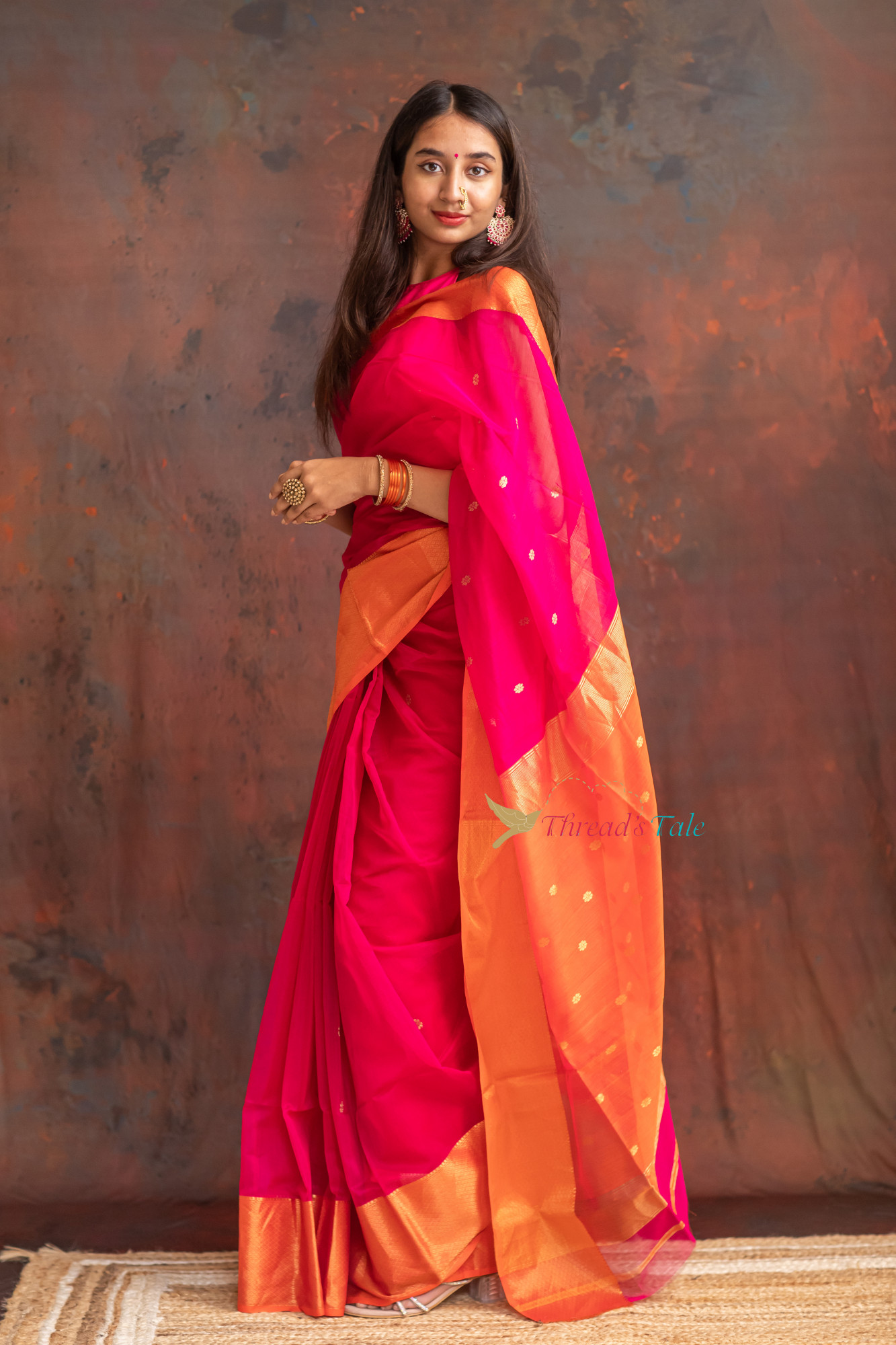 Festive Pink Handwoven Saree With Contras Golden Border And Golden Buttis