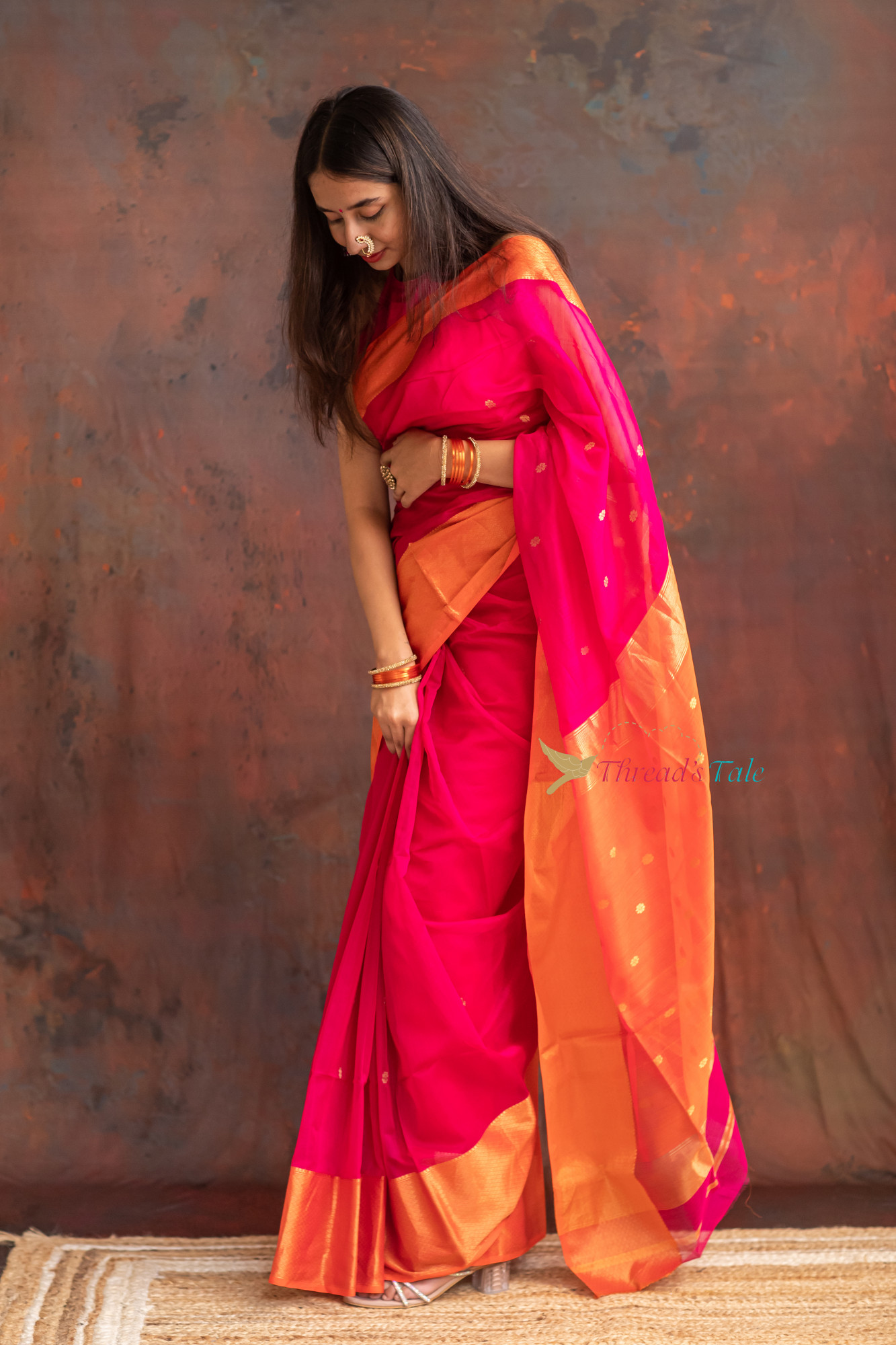 Festive Pink Handwoven Saree With Contras Golden Border And Golden Buttis