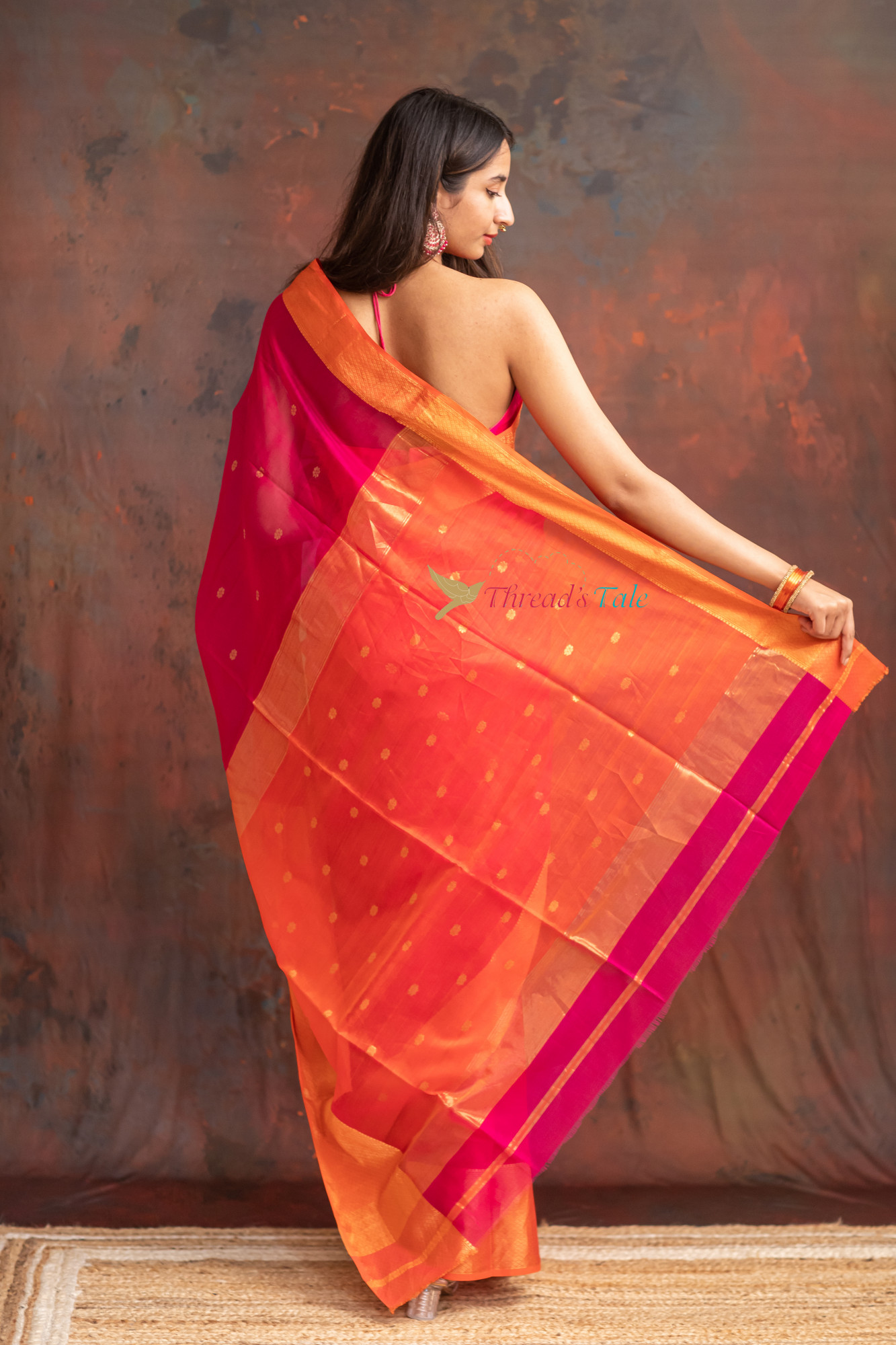 Festive Pink Handwoven Saree With Contras Golden Border And Golden Buttis
