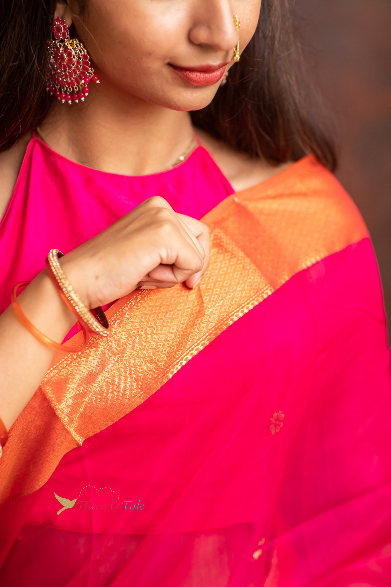 Festive Pink Handwoven Saree With Contras Golden Border And Golden Buttis