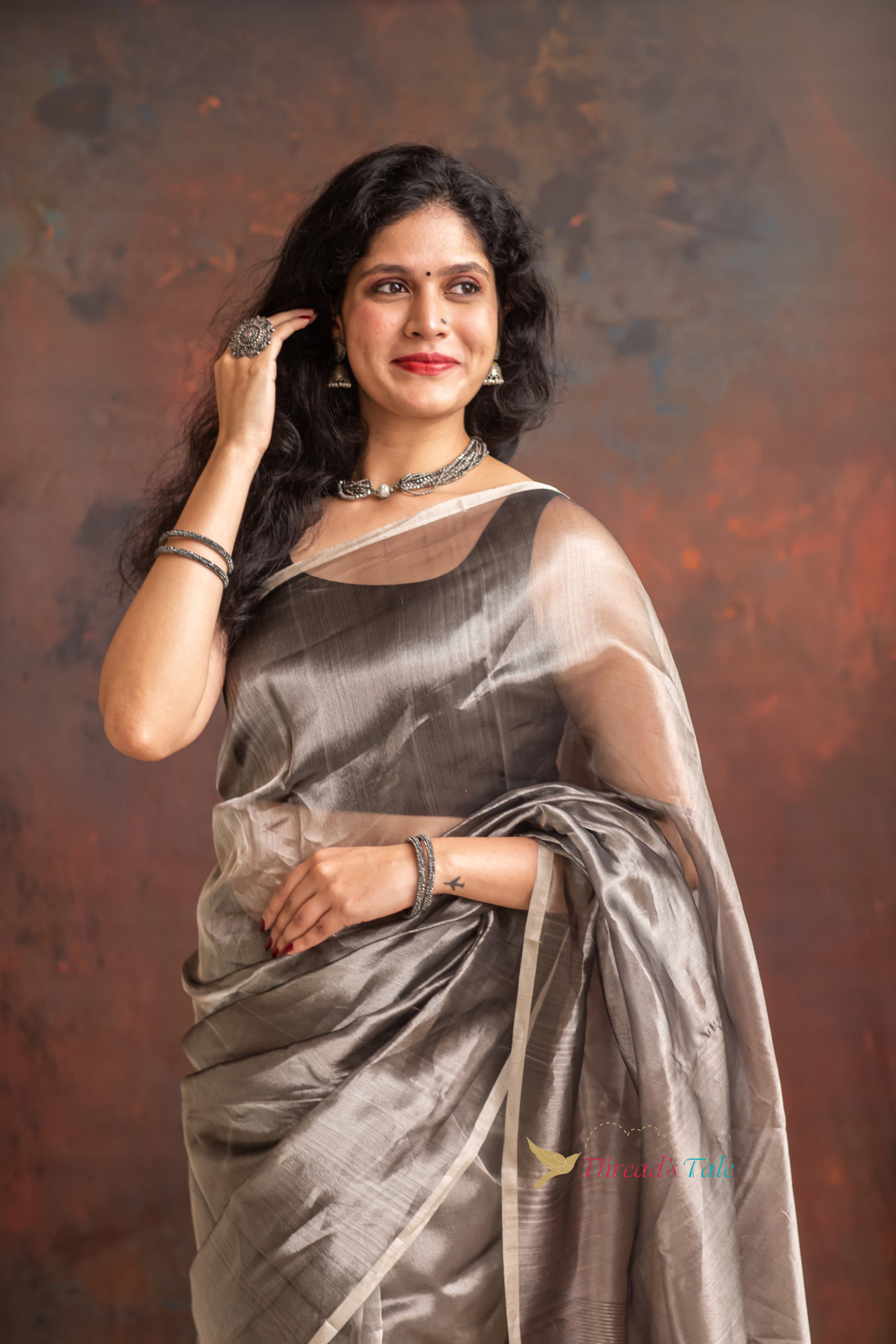 Handwoven Tissue Grey Saree