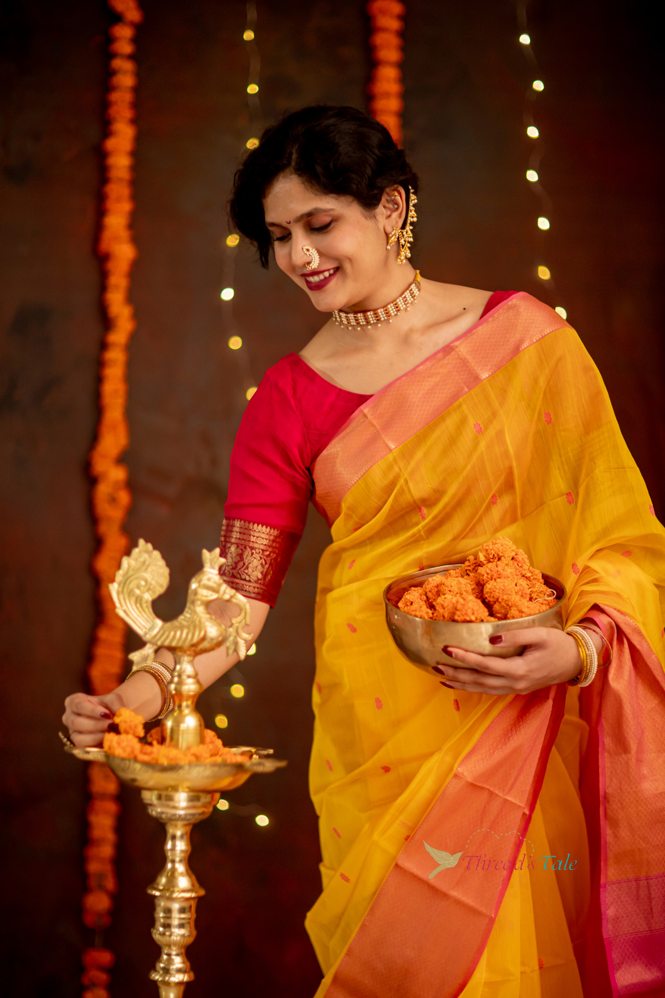 Yellow Handwoven Tissue Butti Saree With Contrast Border