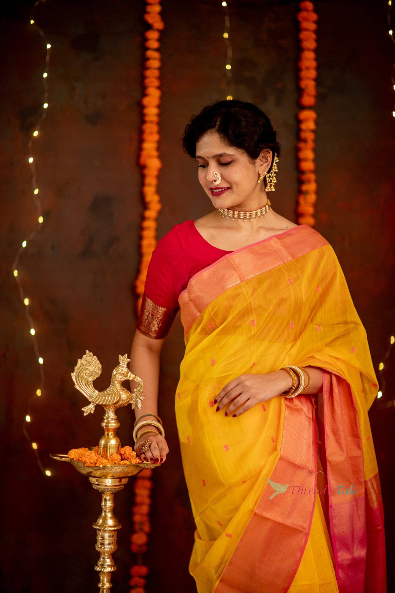 Yellow Handwoven Tissue Butti Saree With Contrast Border