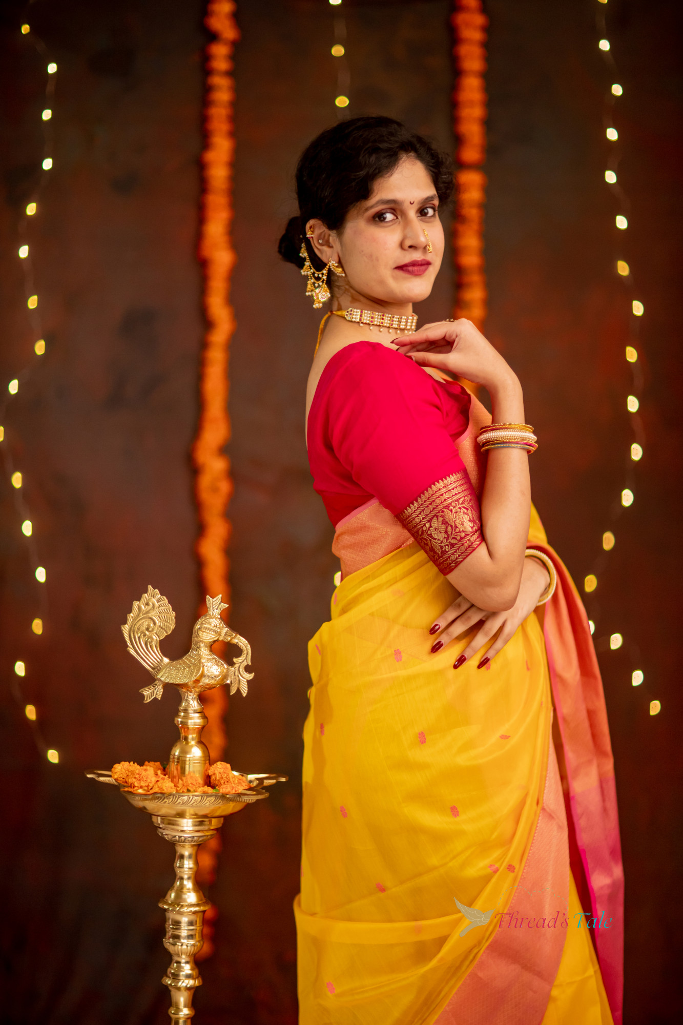 Yellow Handwoven Tissue Butti Saree With Contrast Border