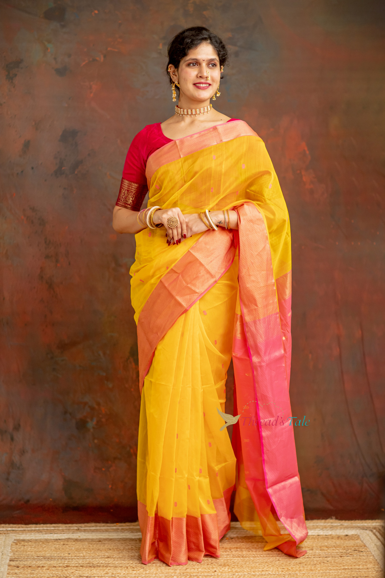Yellow Handwoven Tissue Butti Saree With Contrast Border