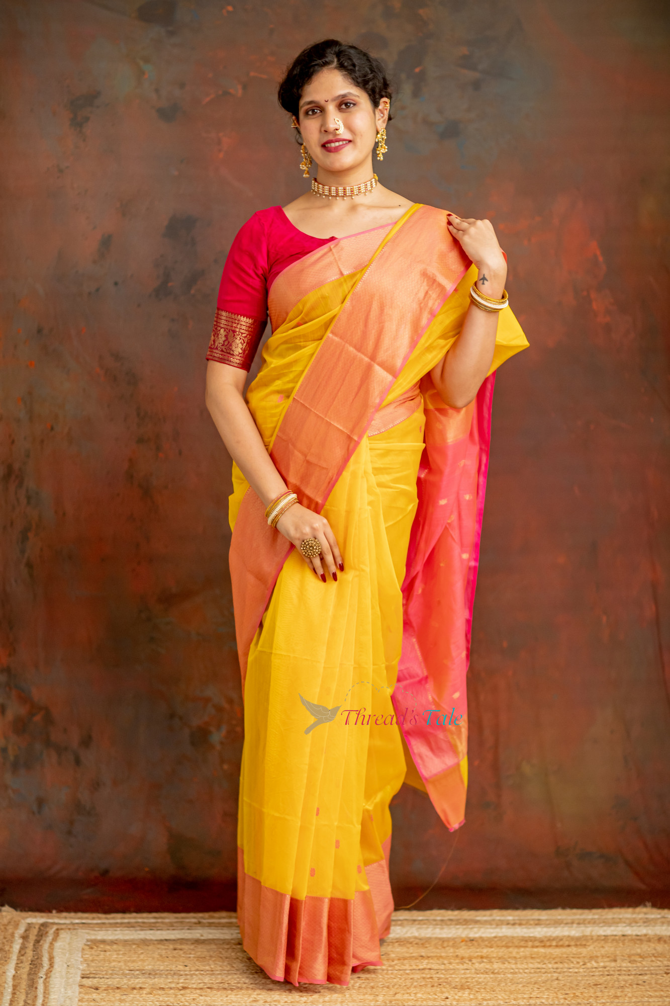 Yellow Handwoven Tissue Butti Saree With Contrast Border