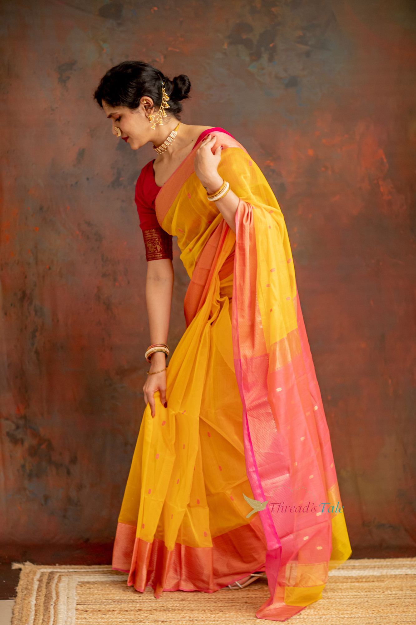 Yellow Handwoven Tissue Butti Saree With Contrast Border
