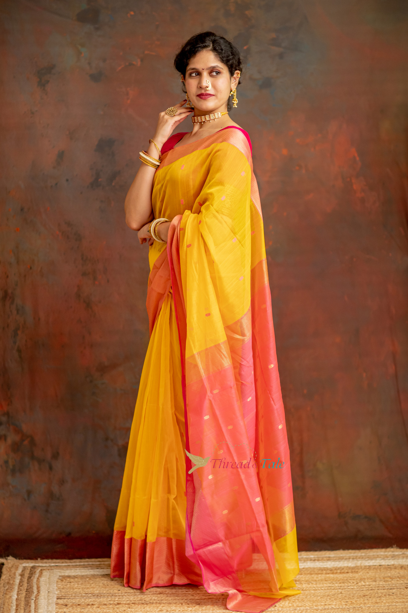 Yellow Handwoven Tissue Butti Saree With Contrast Border