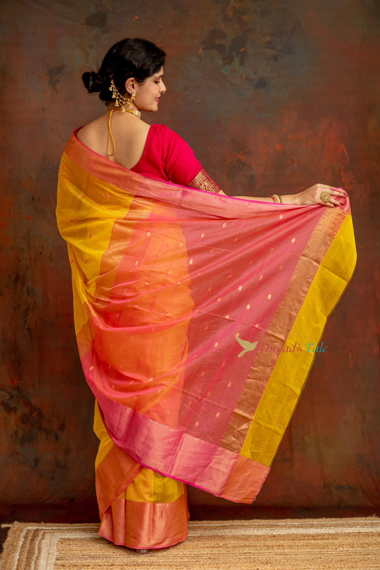Yellow Handwoven Tissue Butti Saree With Contrast Border