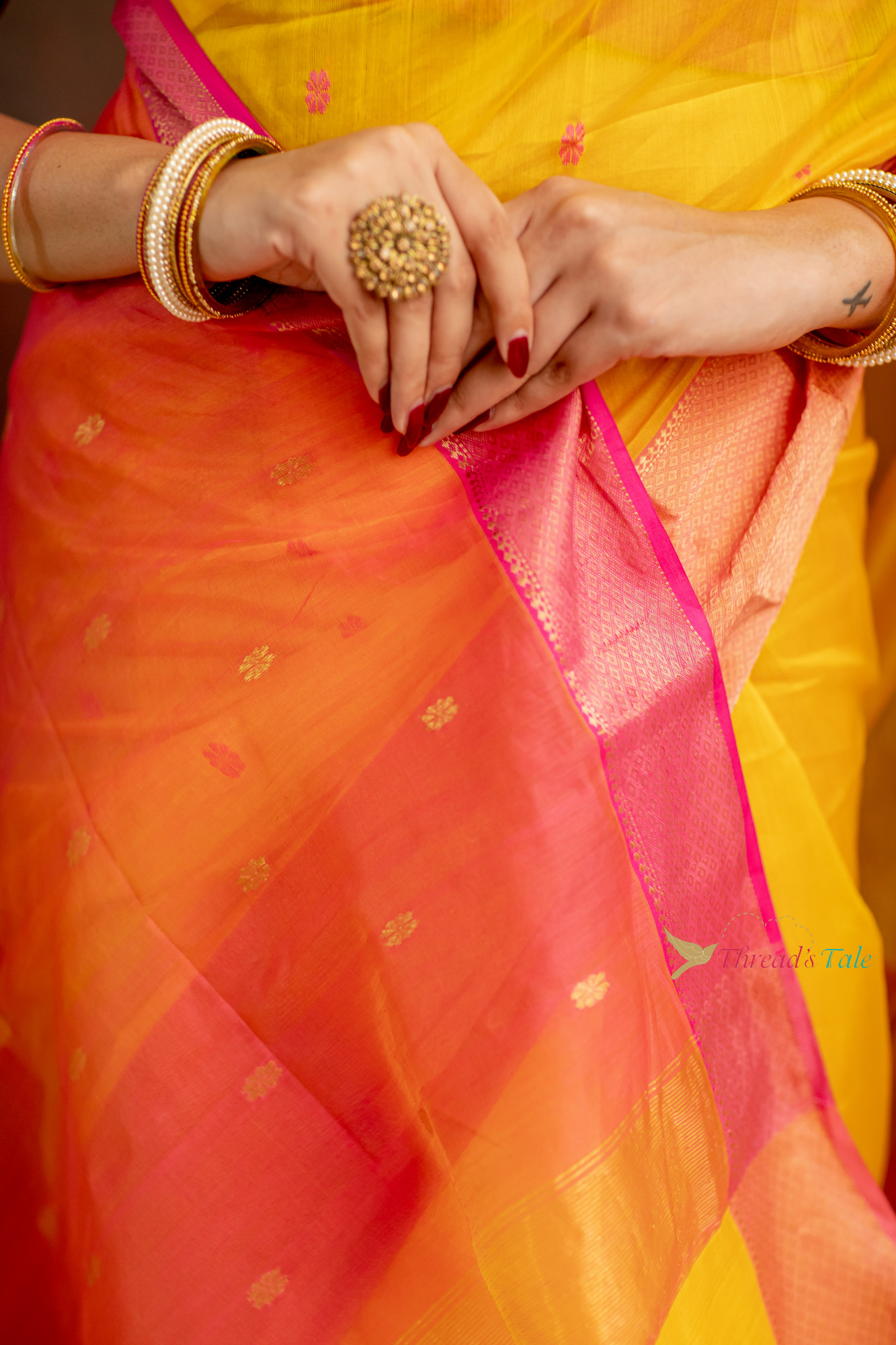 Yellow Handwoven Tissue Butti Saree With Contrast Border