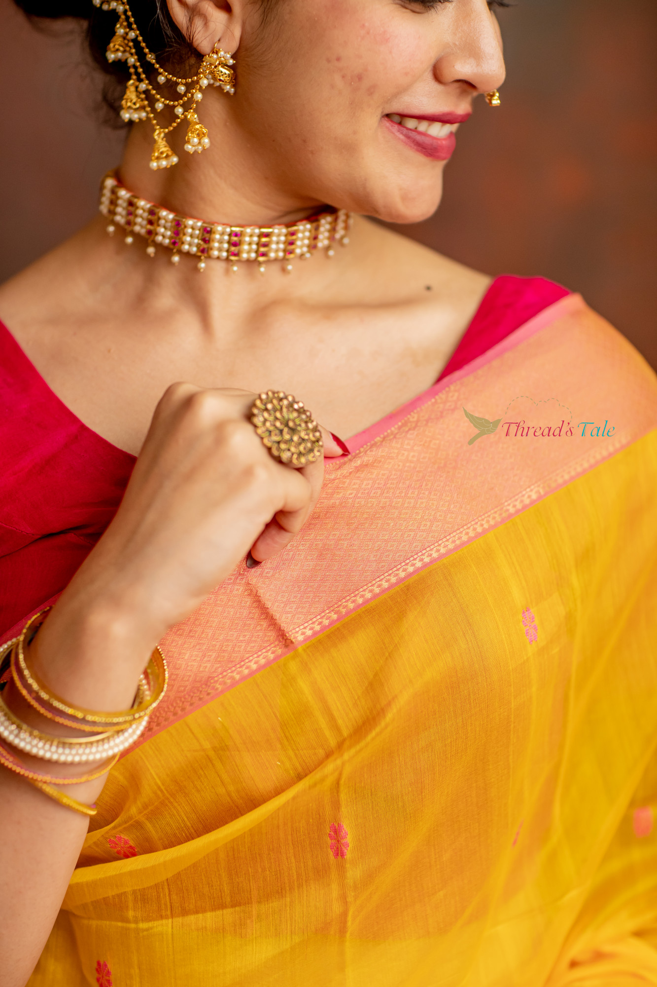 Yellow Handwoven Tissue Butti Saree With Contrast Border