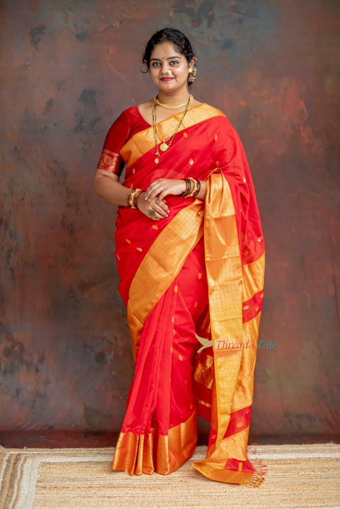 Image of Festive Red Handwoven Saree With Contrast Golden Border