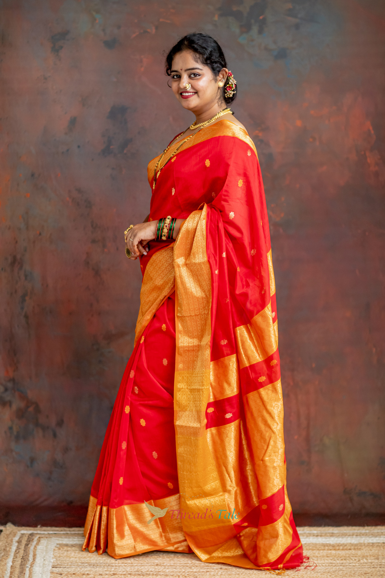 Festive Red Handwoven Saree With Contrast Golden Border