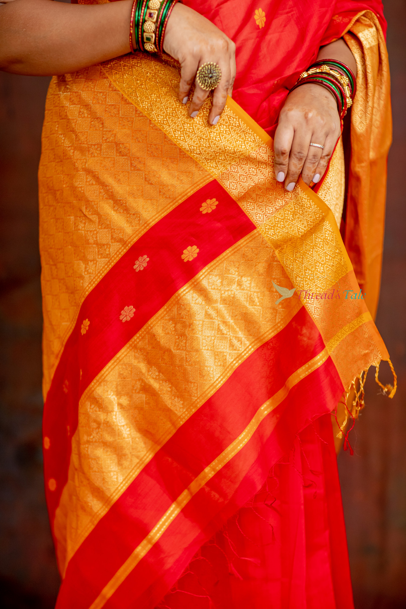 Festive Red Handwoven Saree With Contrast Golden Border