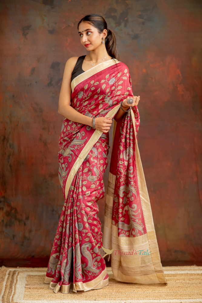 Image of Maroon Handcrafted  Kalamkari Tusser  Saree