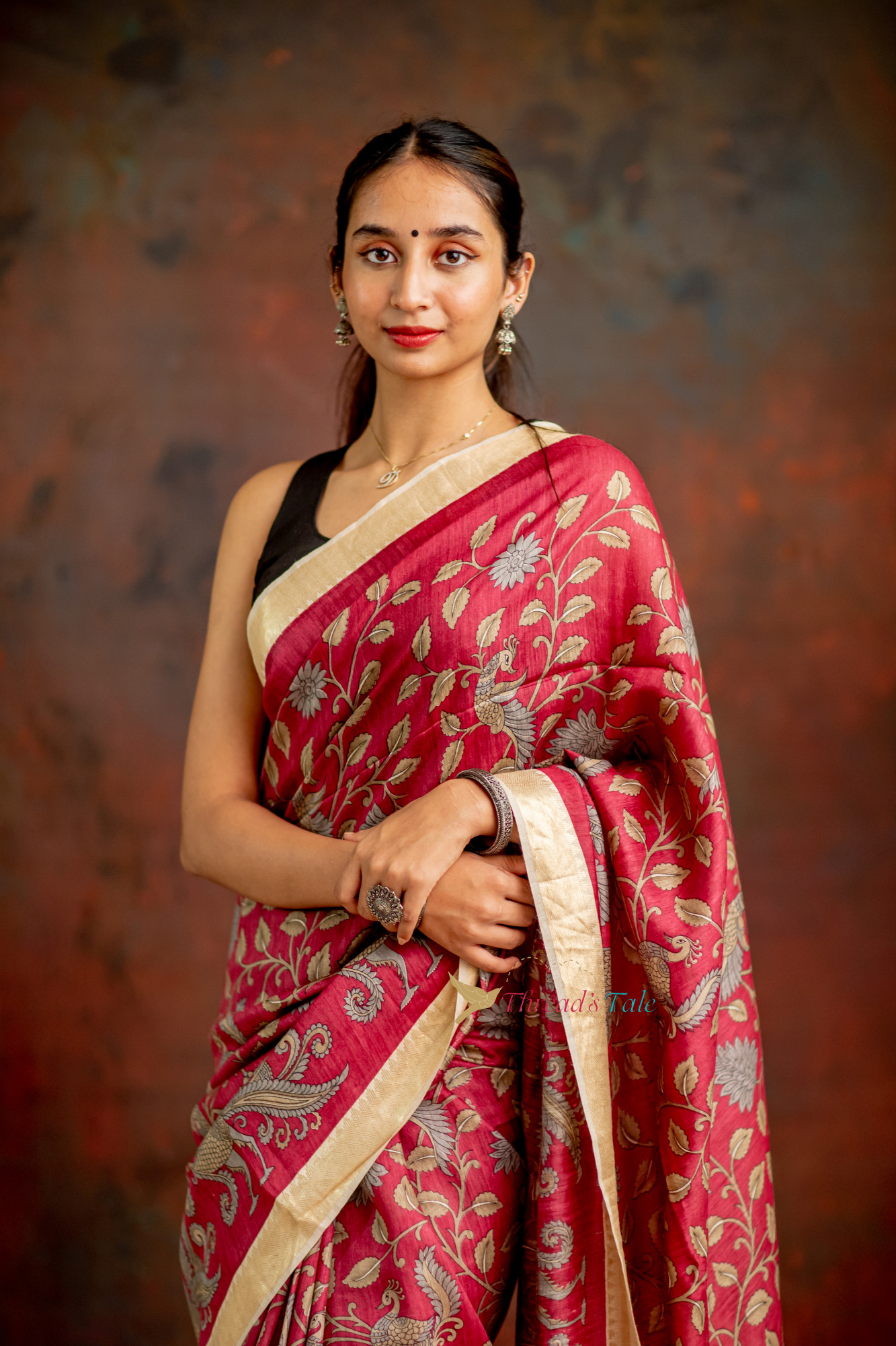 Maroon Handcrafted Kalamkari Tusser Saree