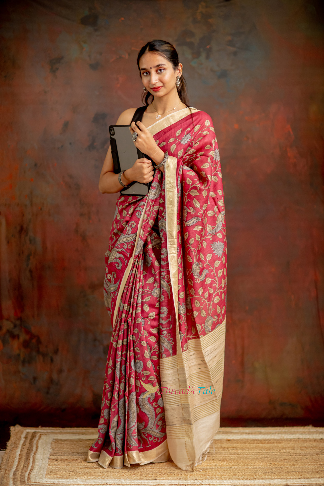 Maroon Handcrafted Kalamkari Tusser Saree