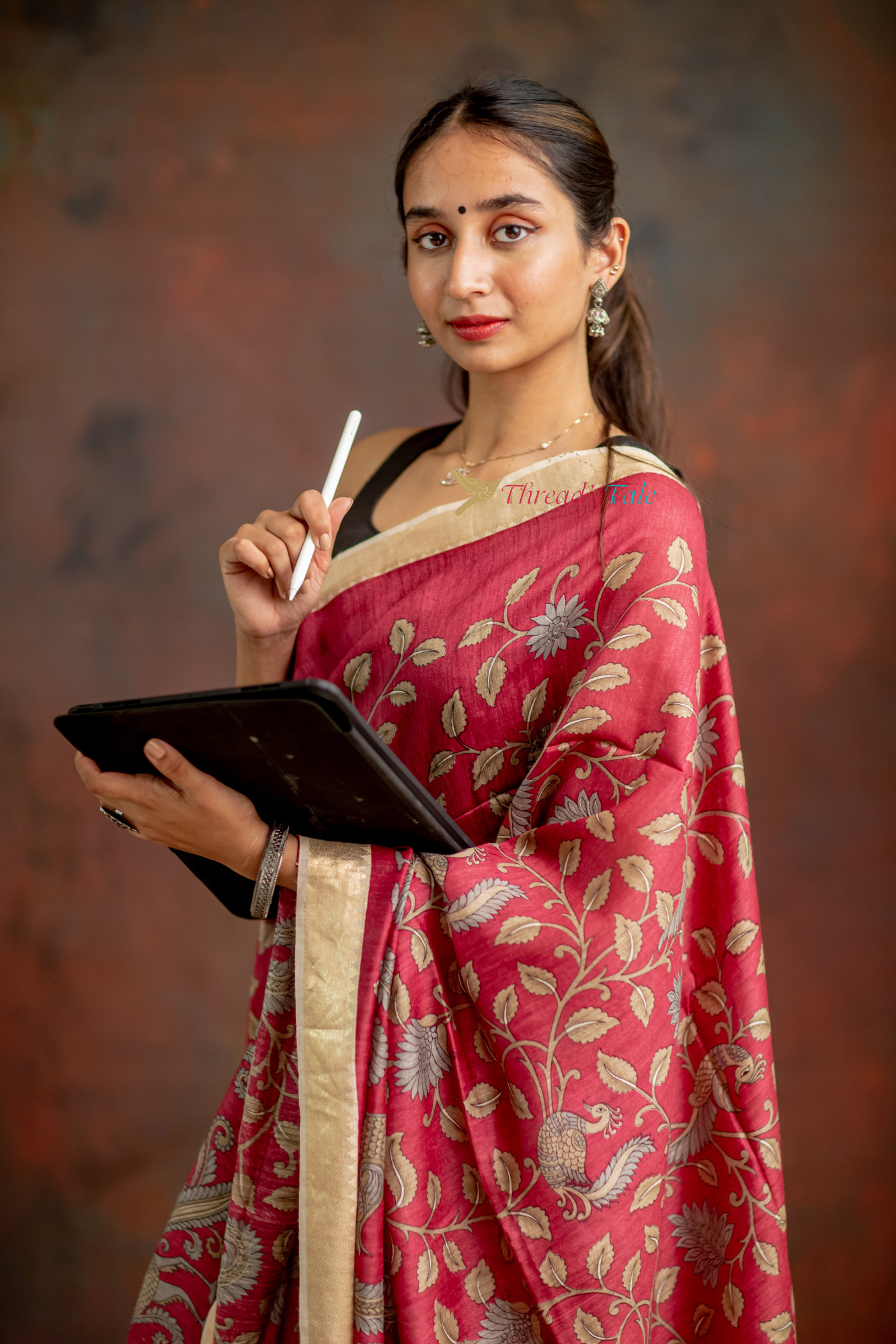 Maroon Handcrafted Kalamkari Tusser Saree