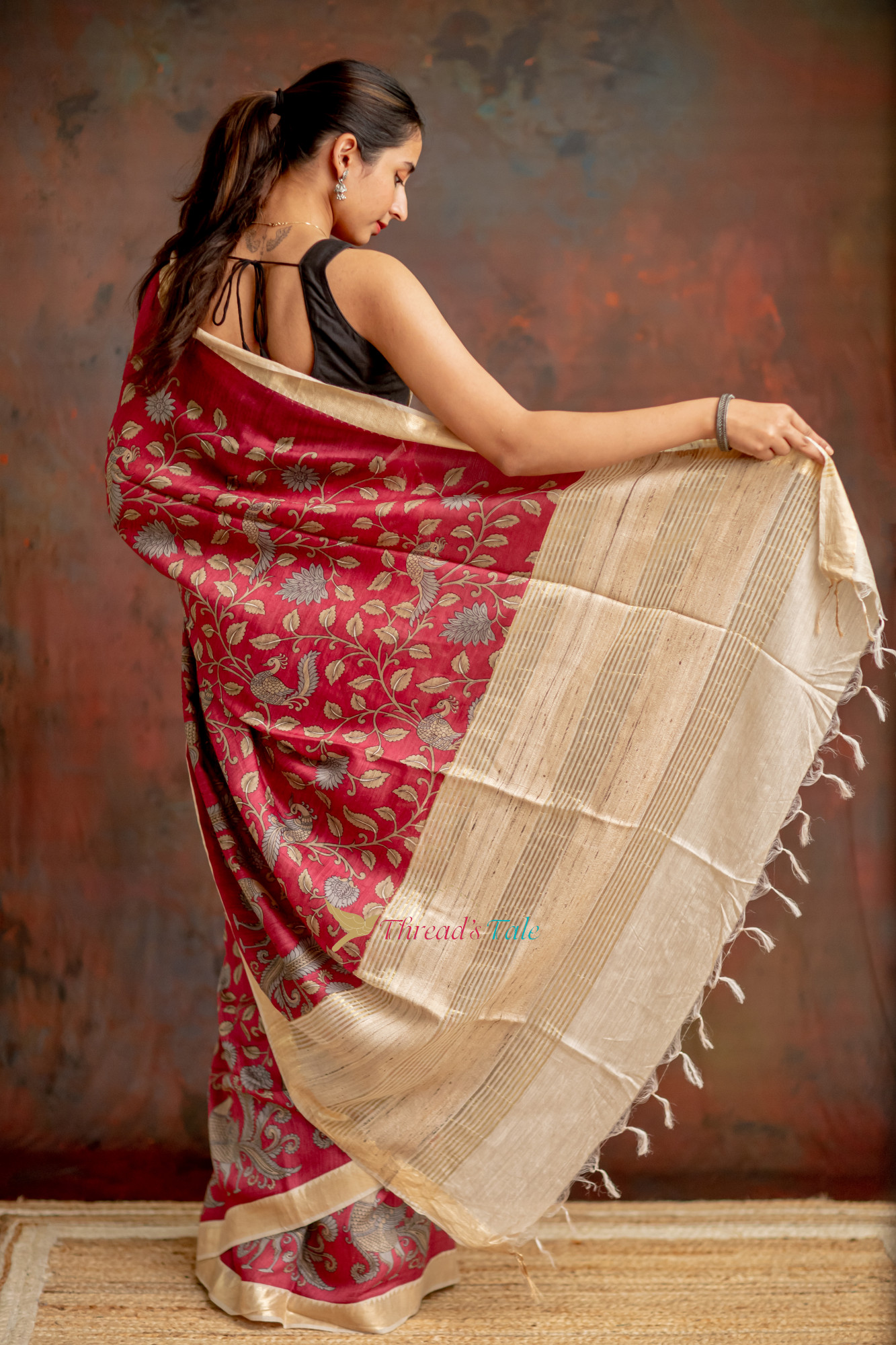 Maroon Handcrafted Kalamkari Tusser Saree