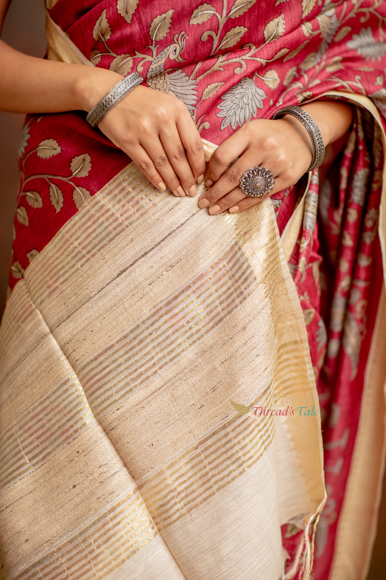 Maroon Handcrafted Kalamkari Tusser Saree