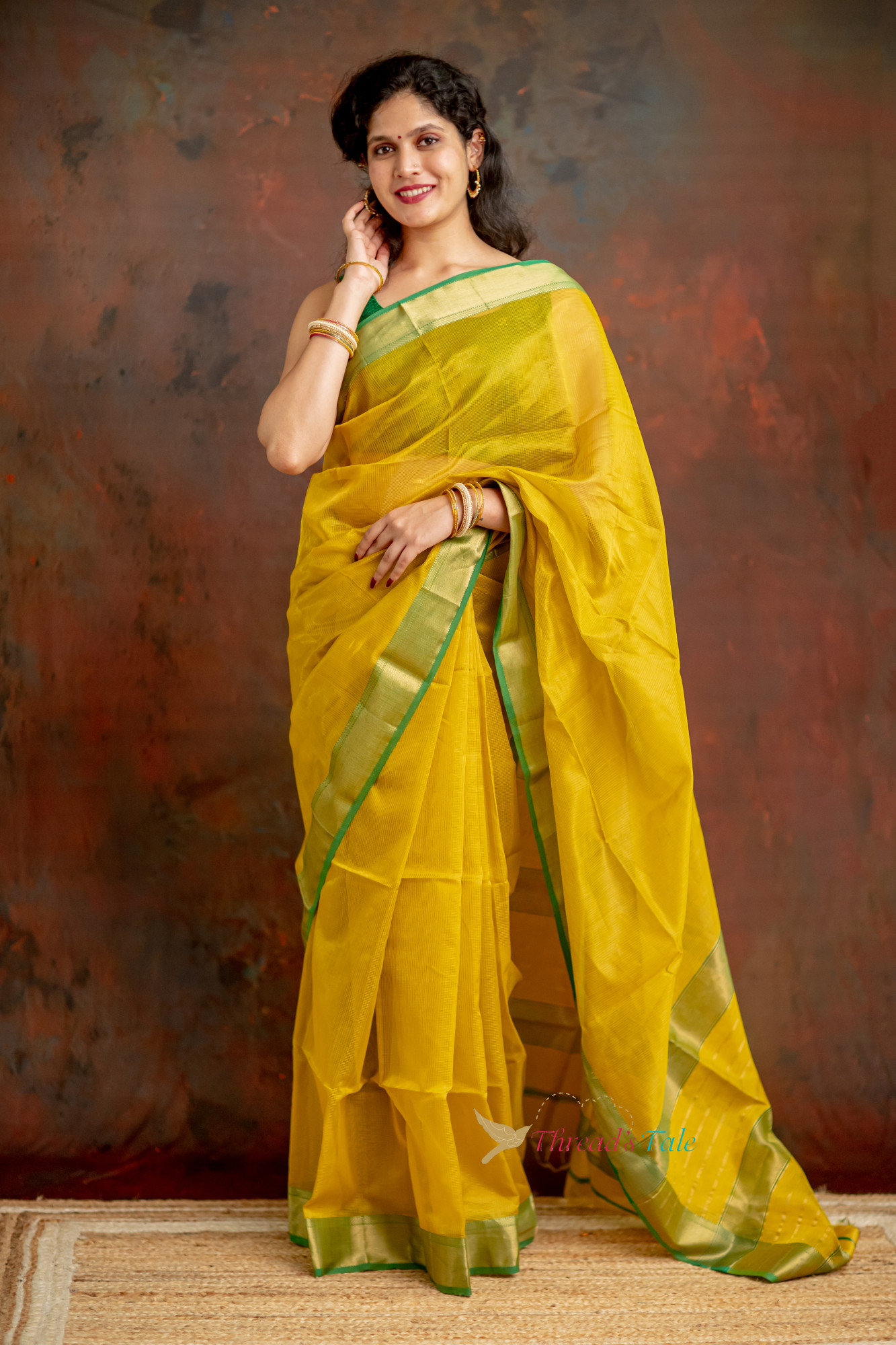 Festive Yellow Handwoven Tissue Checks Saree