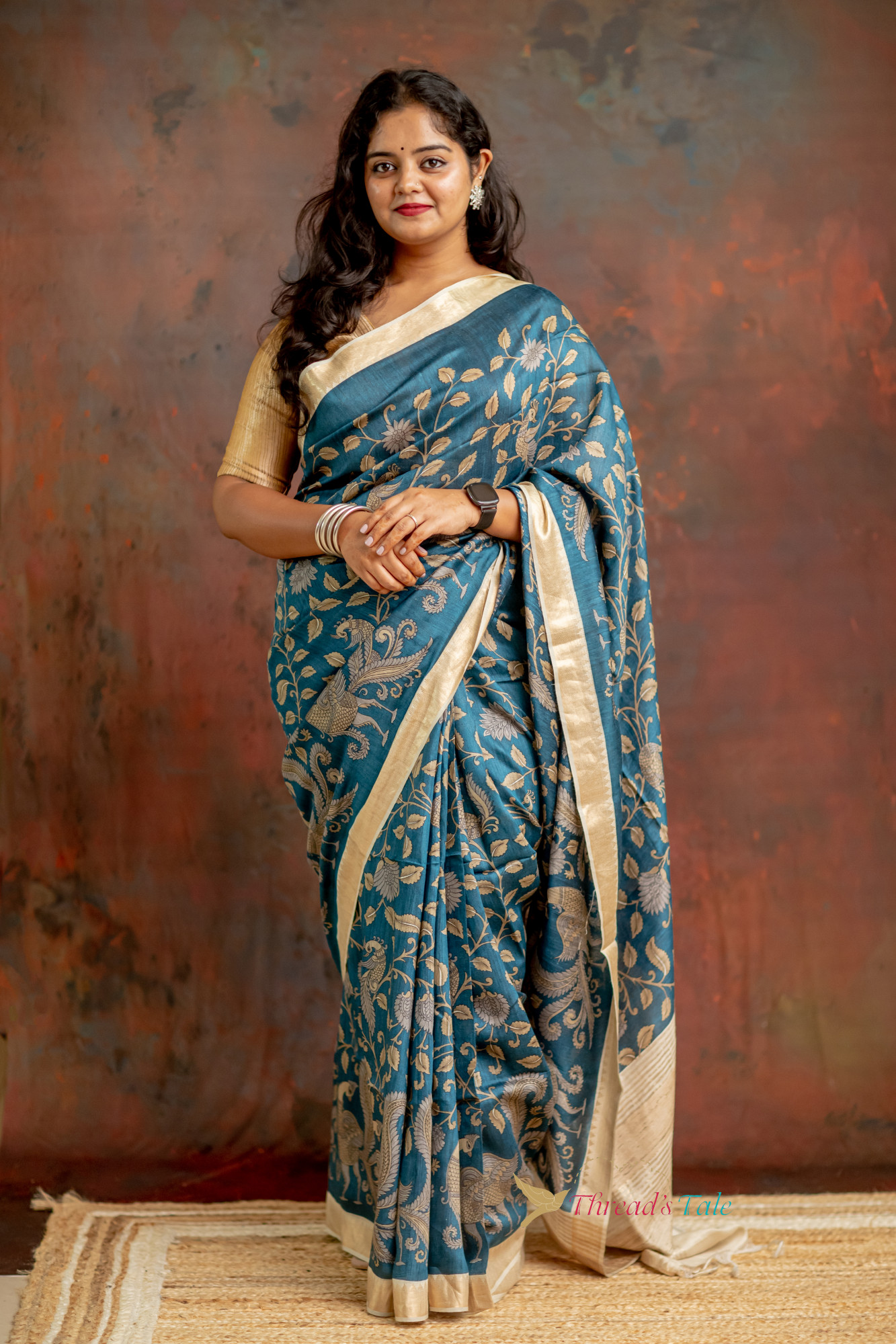 Teal Blue Hand Crafted Pen Kalamkari Tusser Saree