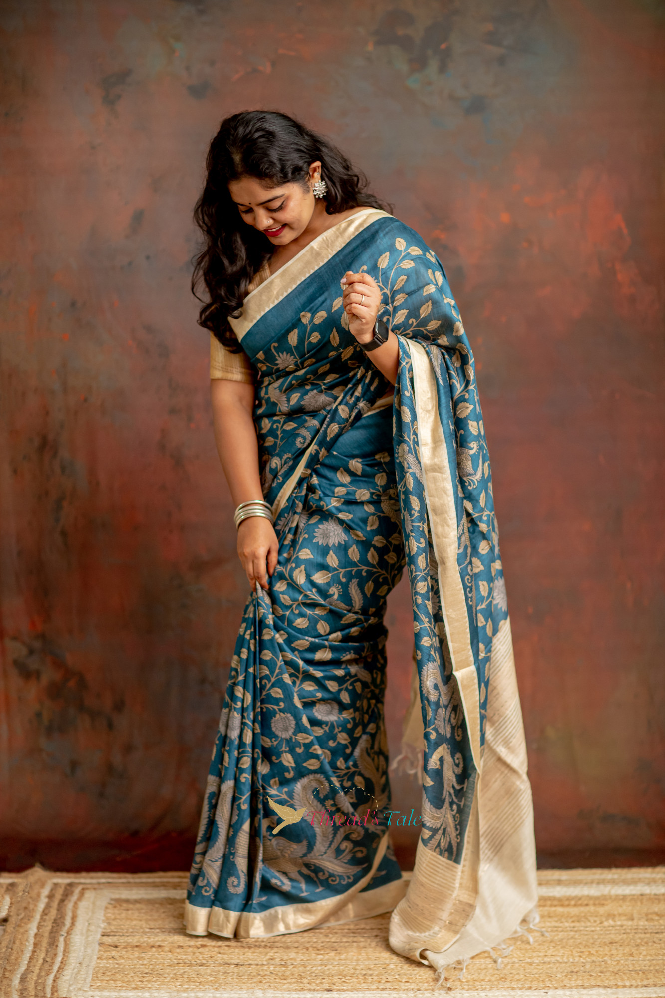 Teal Blue Hand Crafted Pen Kalamkari Tusser Saree