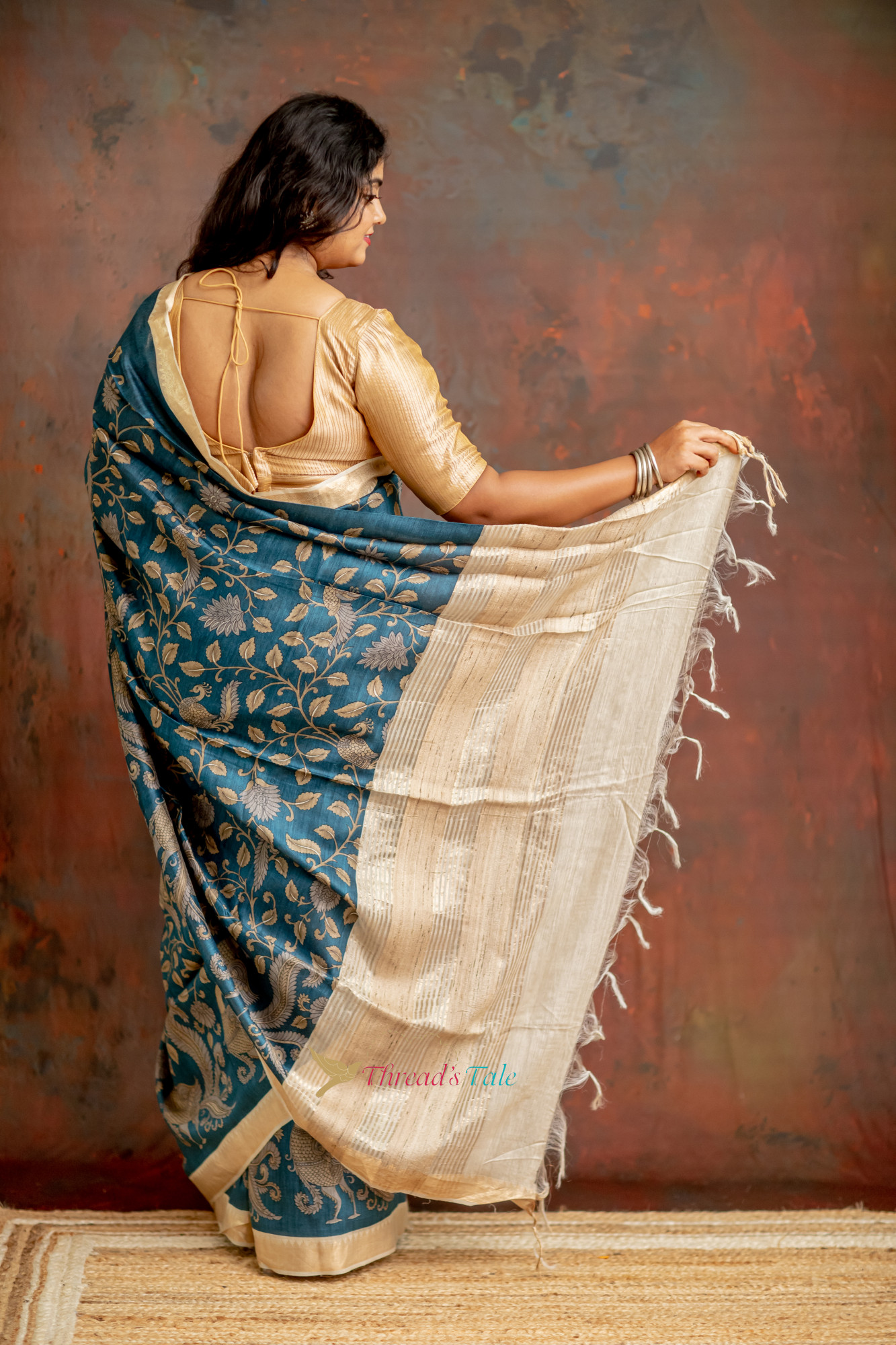 Teal Blue Hand Crafted Pen Kalamkari Tusser Saree