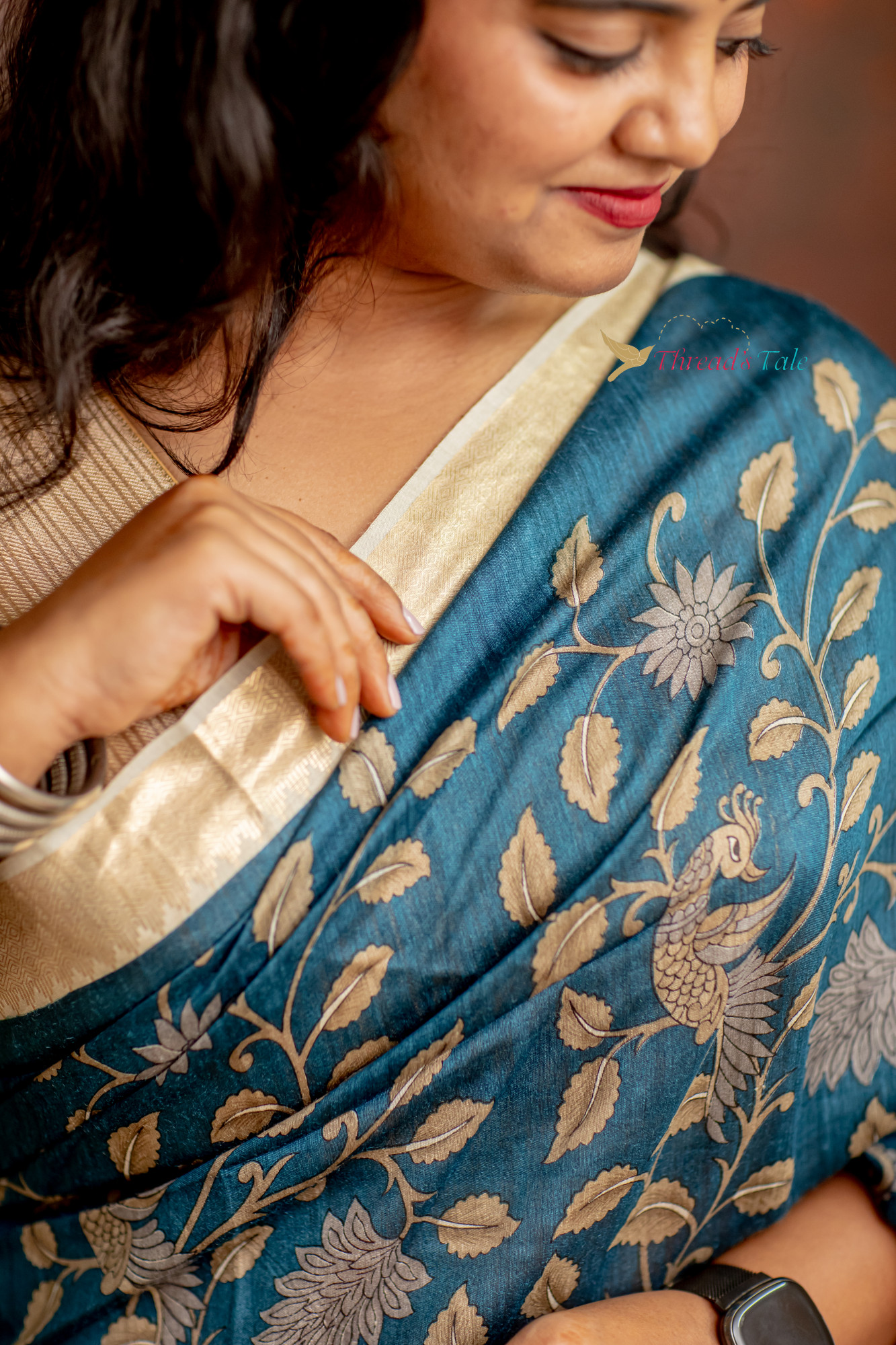 Teal Blue Hand Crafted Pen Kalamkari Tusser Saree