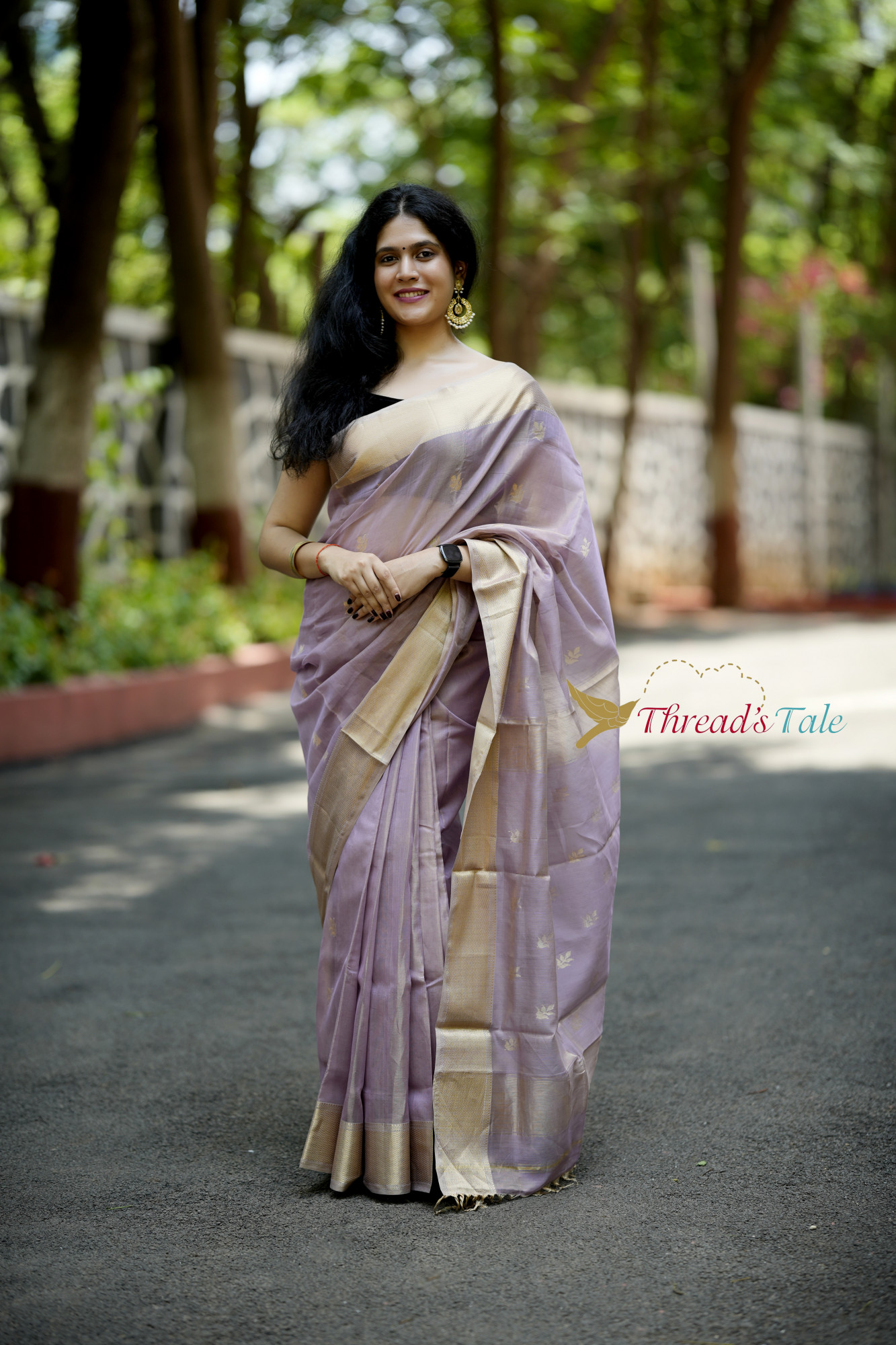 Lavender Golden Handwoven Tissue Saree With Golden Border And Butties