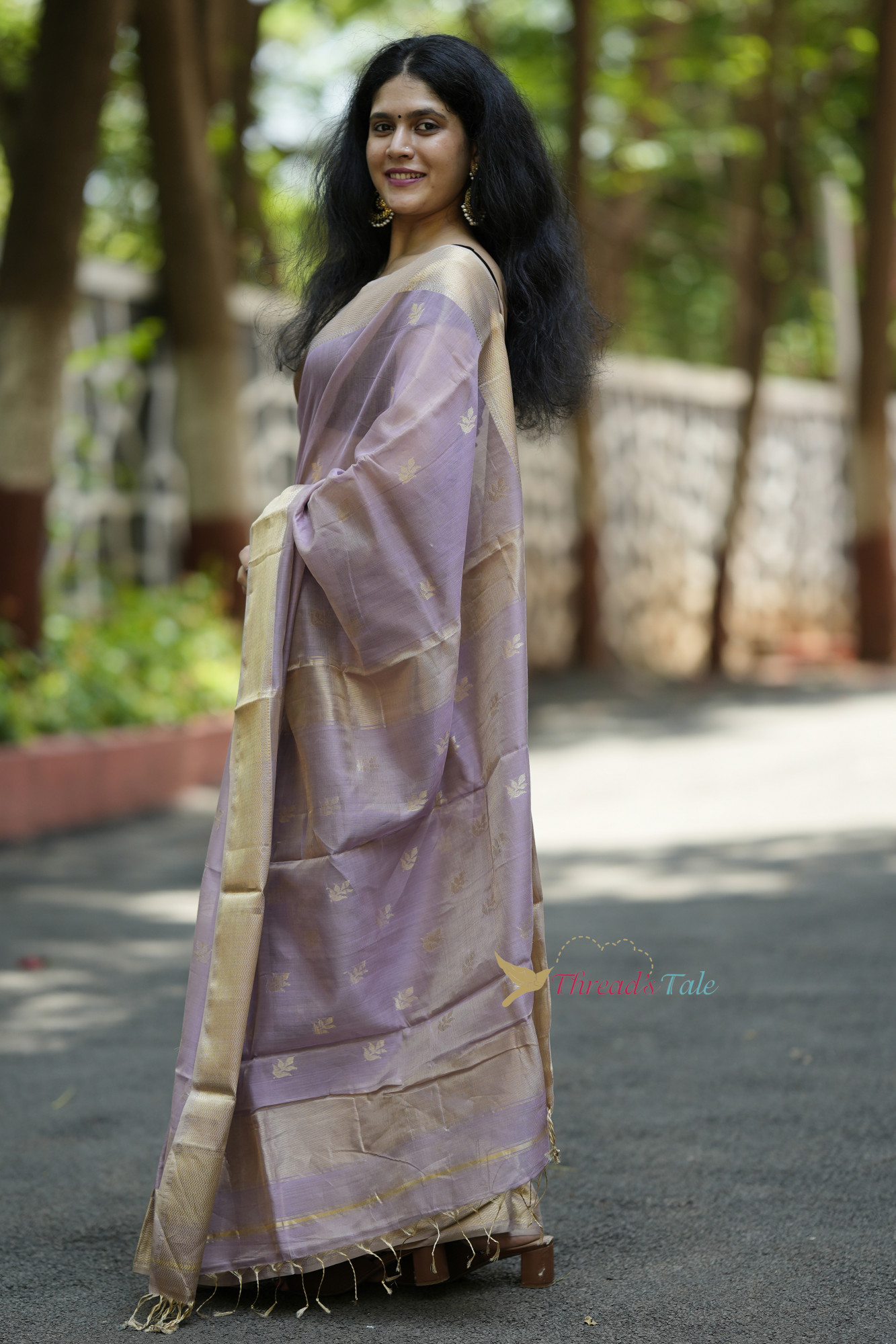 Lavender Golden  Handwoven Tissue Saree With Golden Border And Butties