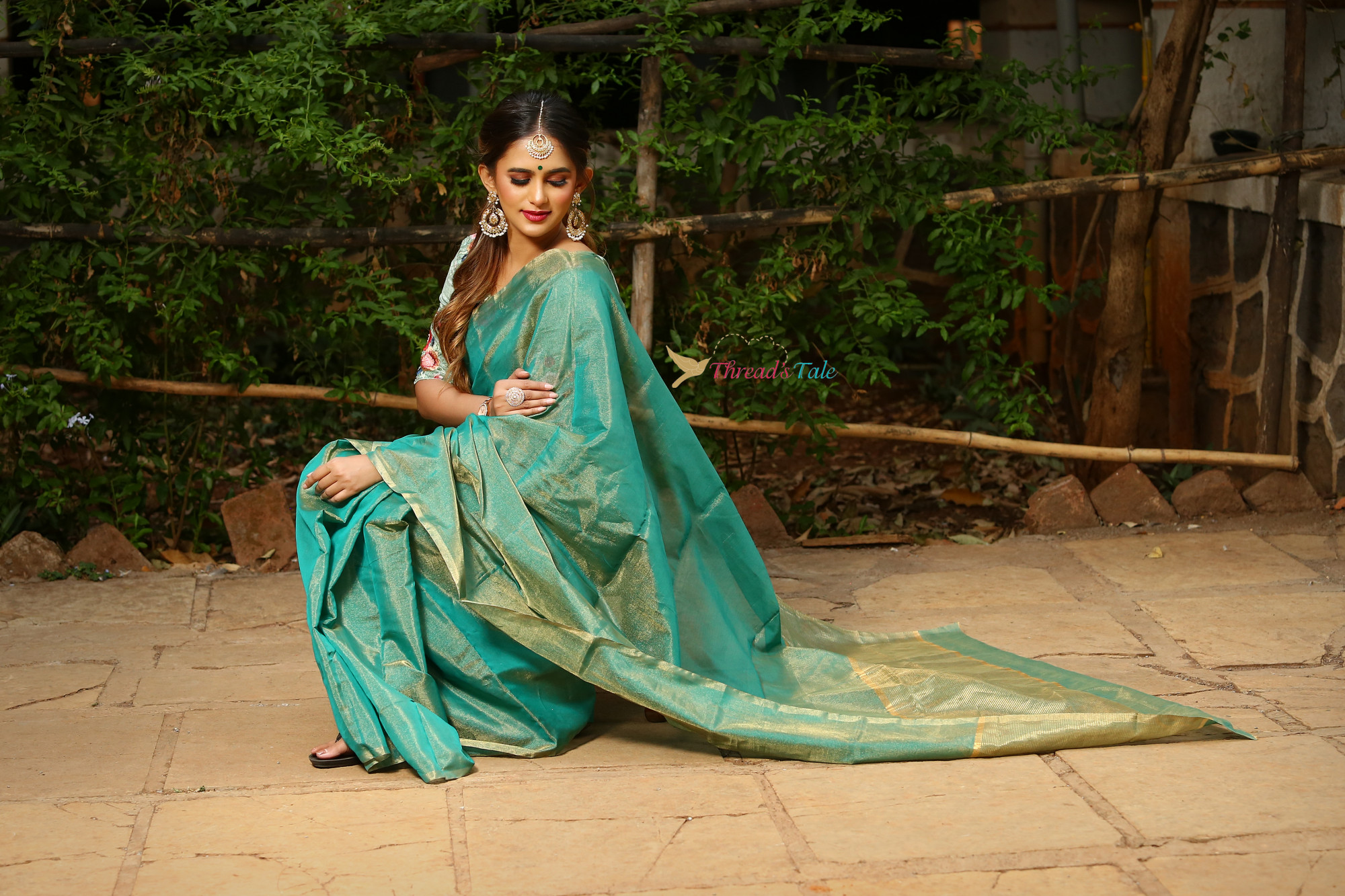 Rama Blue Gold Tissue SIlk Chanderi Saree