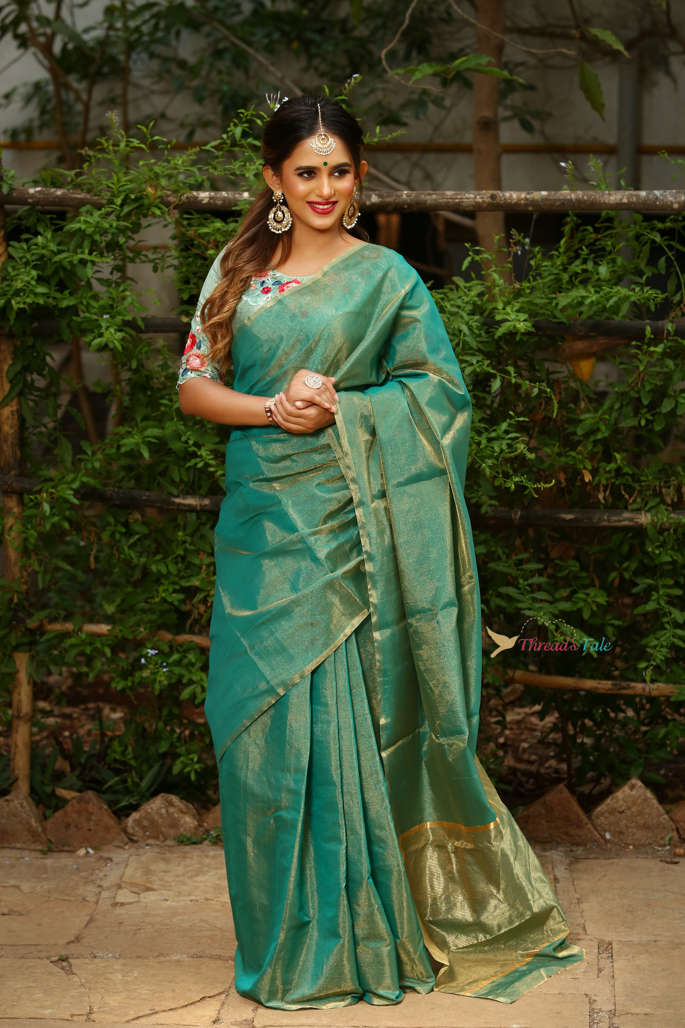 Rama Blue Gold Tissue SIlk Chanderi Saree