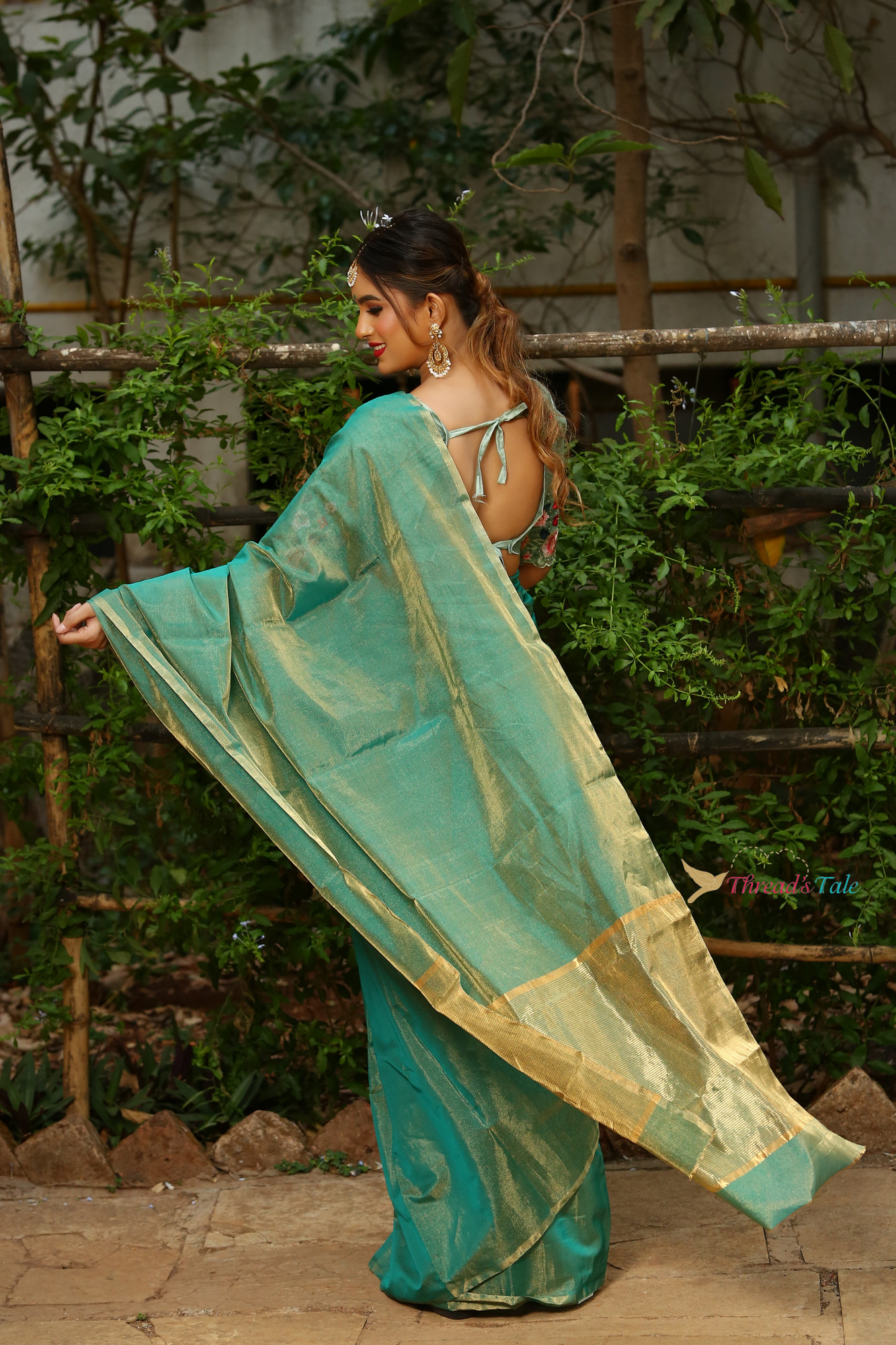 Rama Blue Gold Tissue SIlk Chanderi Saree
