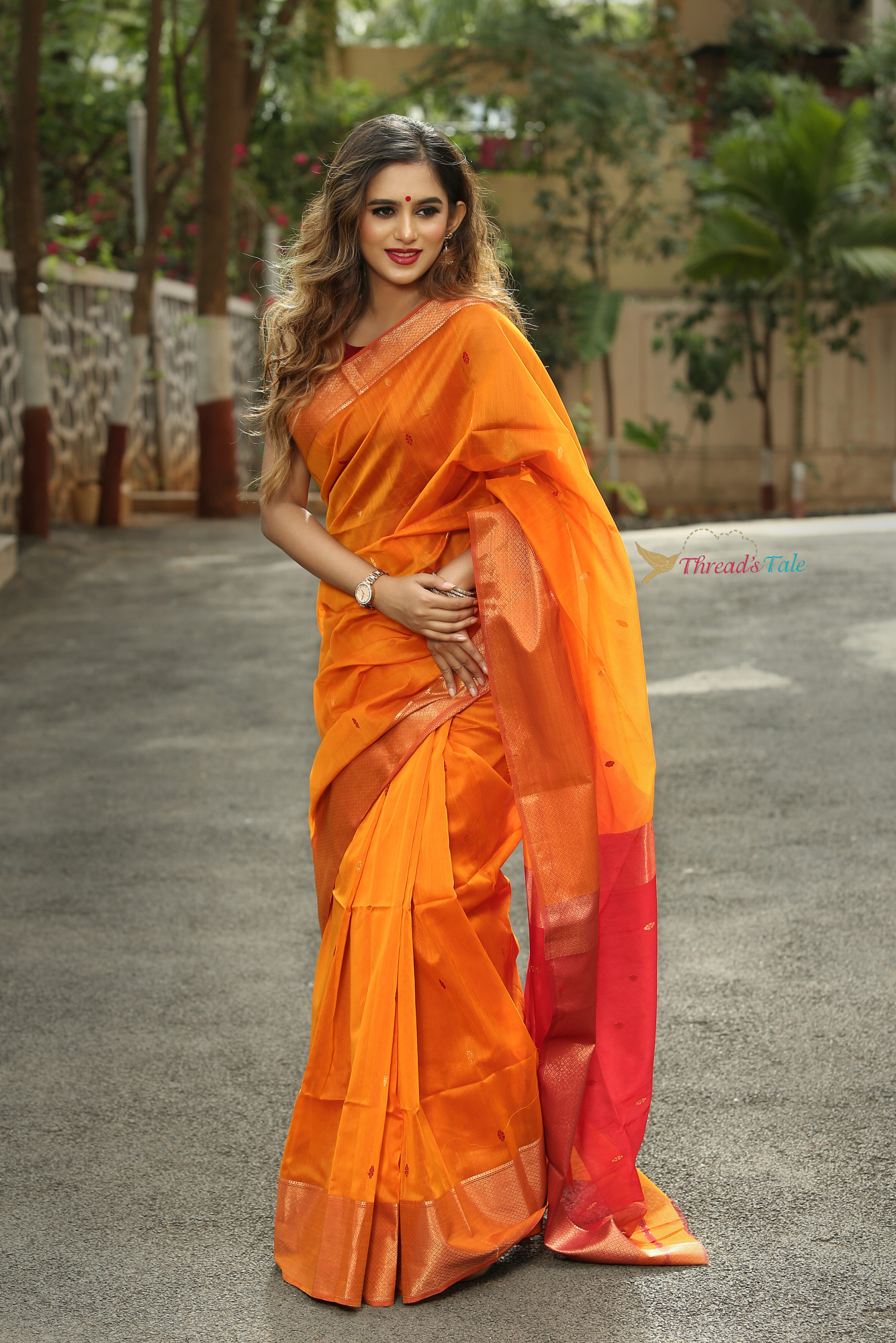 Orange Handwoven  Maheshwari Silk Saree With Broad Borer